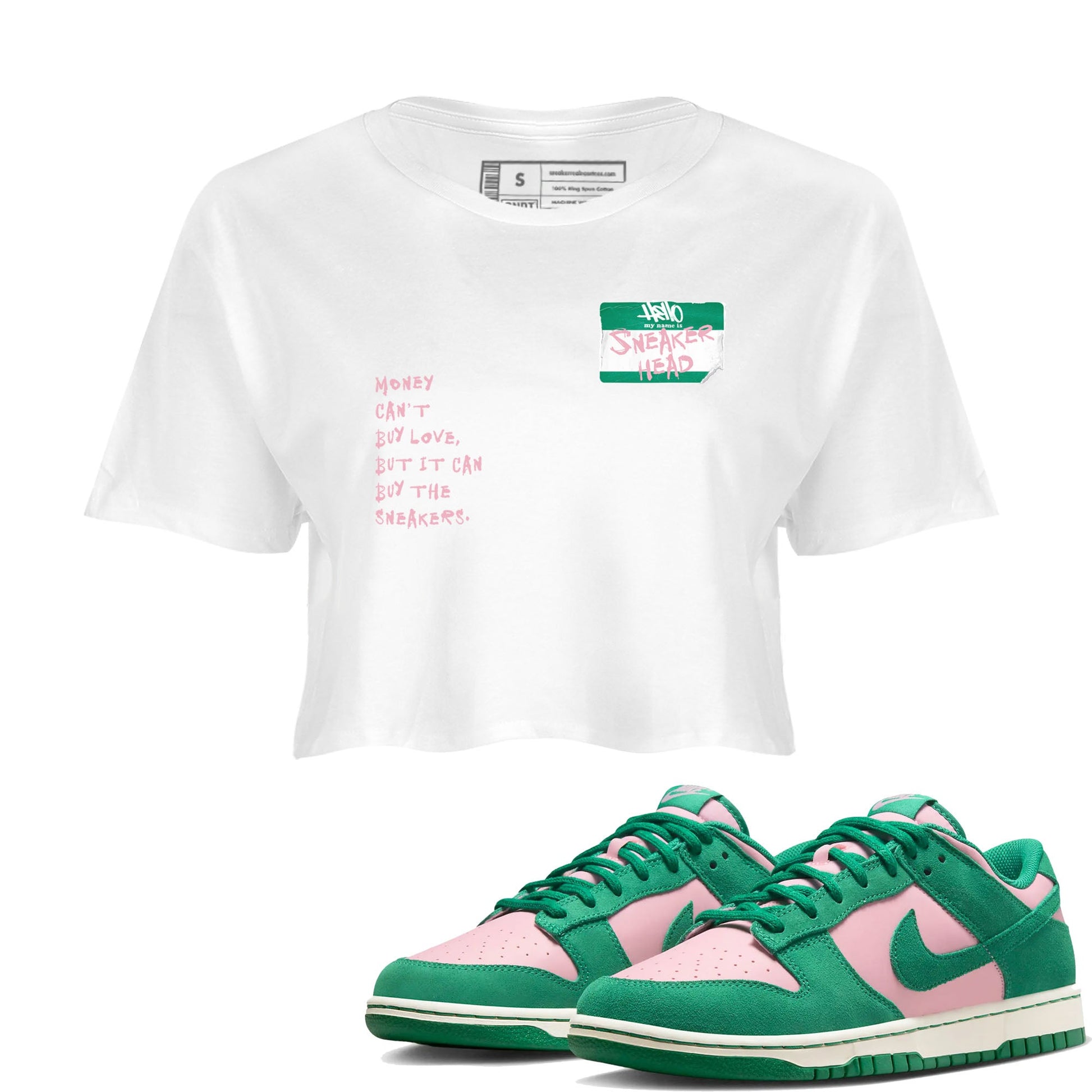 Dunk Medium Soft Pink Malachite shirt to match jordans Sneakerhead Badge sneaker tees Dunk Medium Soft Pink Malachite SNRT Sneaker Release Tees White 1 crop length shirt