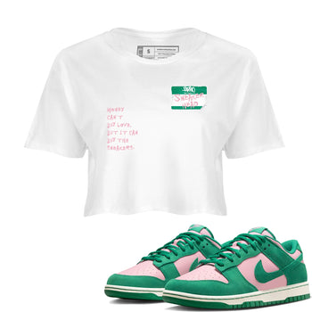 Dunk Medium Soft Pink Malachite shirt to match jordans Sneakerhead Badge sneaker tees Dunk Medium Soft Pink Malachite SNRT Sneaker Release Tees White 1 crop length shirt