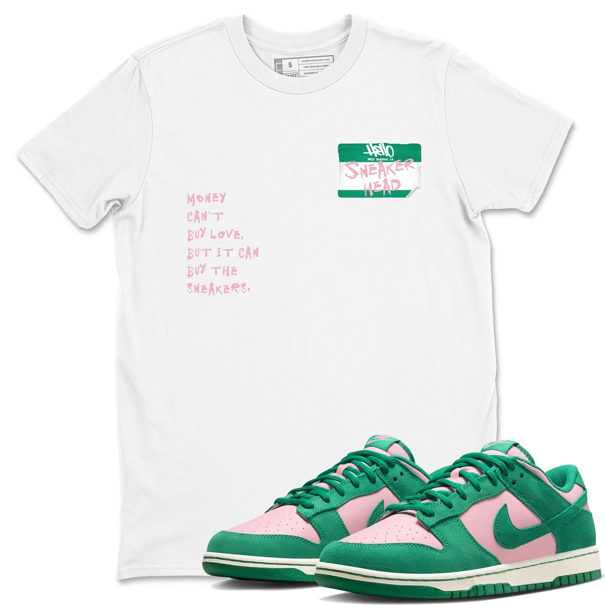 Dunk Medium Soft Pink Malachite shirt to match jordans Sneakerhead Badge sneaker tees Dunk Medium Soft Pink Malachite SNRT Sneaker Release Tees unisex cotton White 1 crew neck shirt