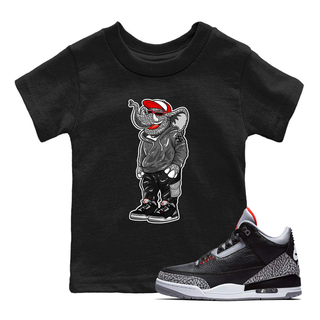 3s Black Cement shirts to match jordans Sneakerhead Elephant sneaker match tees Air Jordan 3 Retro OG Black Cement match shoes to clothes SNRT Sneaker Tees Youth Baby Black 1 tee
