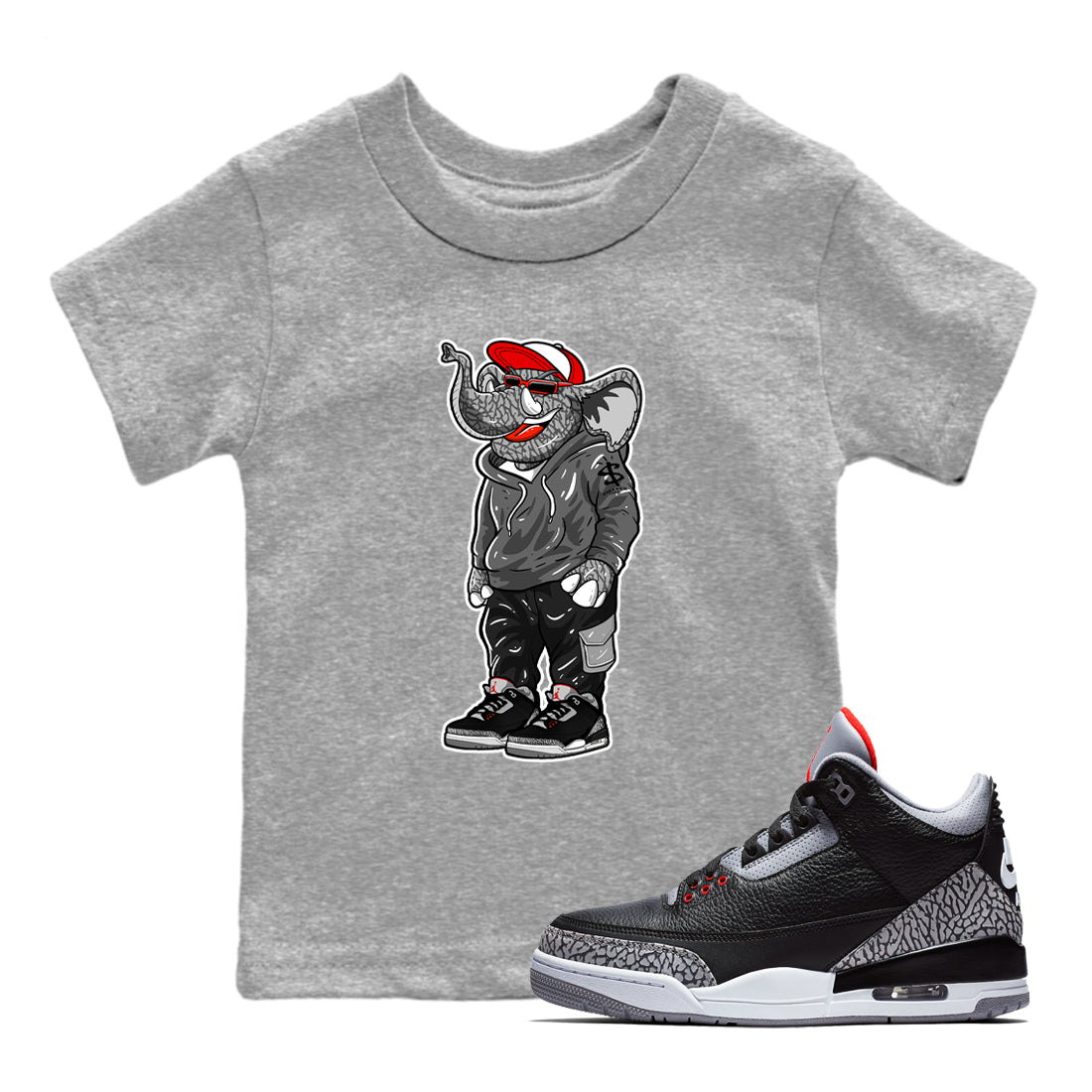 3s Black Cement shirts to match jordans Sneakerhead Elephant sneaker match tees Air Jordan 3 Retro OG Black Cement match shoes to clothes SNRT Sneaker Tees Youth Baby Heather Grey 1 tee