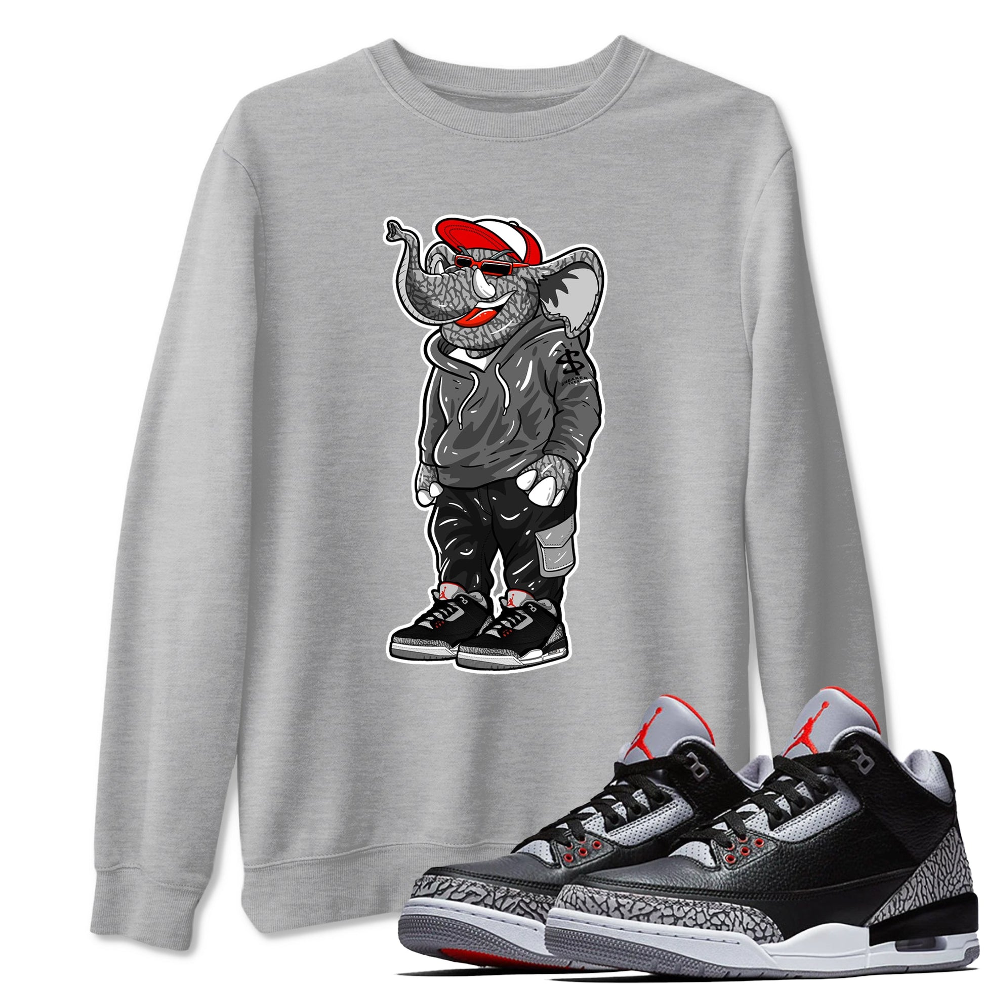 3s Black Cement shirts to match jordans Sneakerhead Elephant sneaker match tees Air Jordan 3 Retro OG Black Cement match shoes to clothes SNRT Sneaker Tees unisex cotton Heather Grey 1 shirts