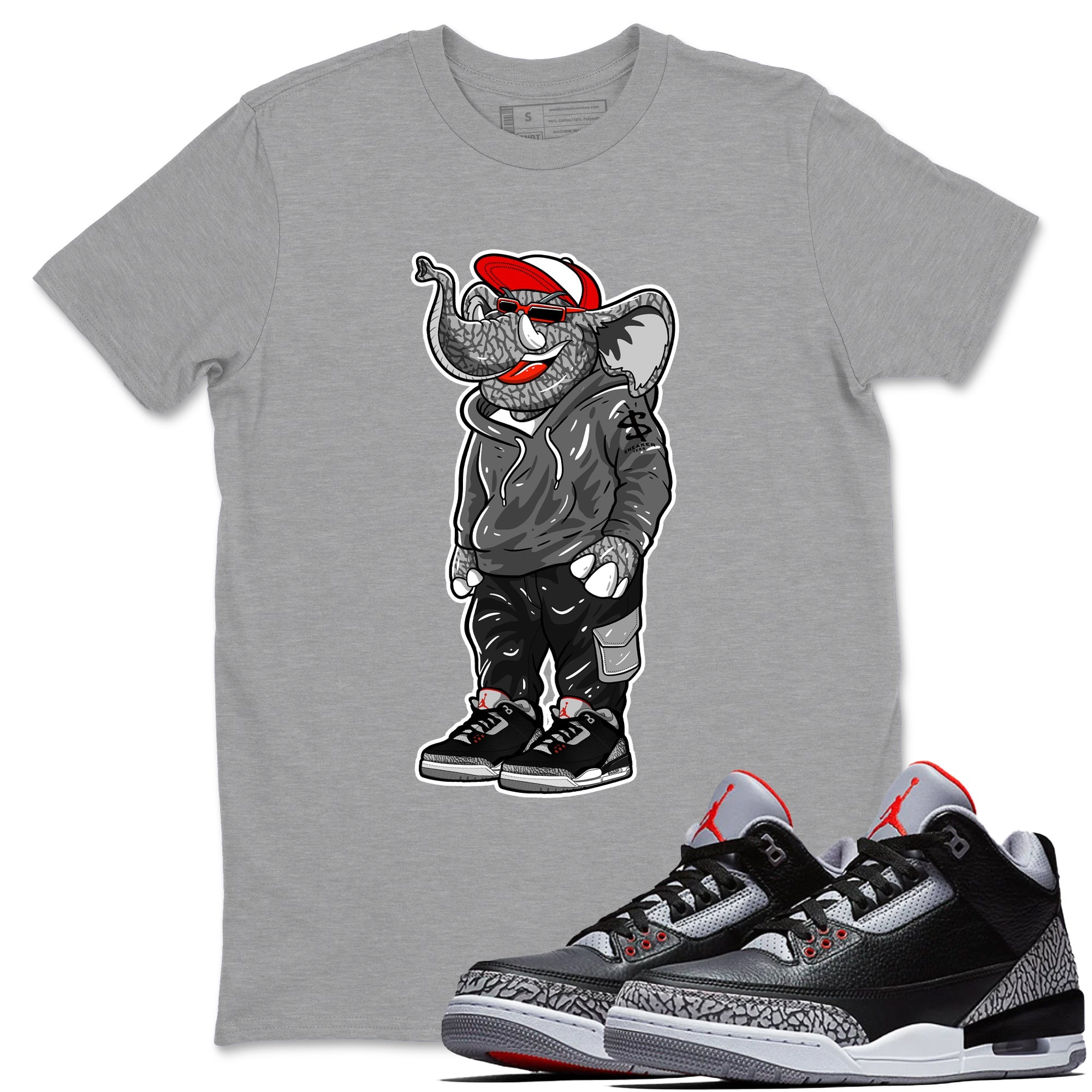 3s Black Cement shirts to match jordans Sneakerhead Elephant sneaker match tees Air Jordan 3 Retro OG Black Cement match shoes to clothes SNRT Sneaker Tees unisex cotton Heather Grey 1 shirts