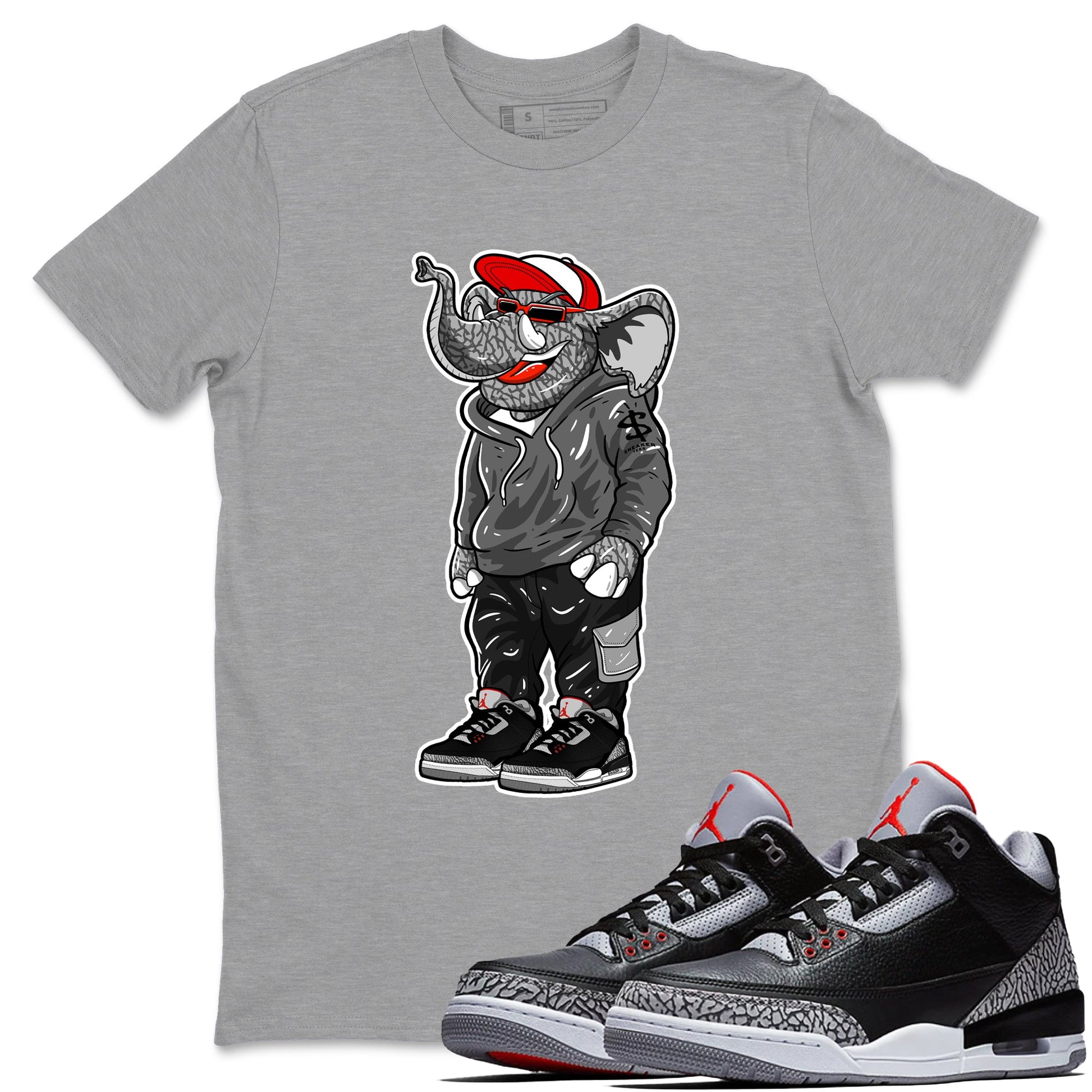 3s Black Cement shirts to match jordans Sneakerhead Elephant sneaker match tees Air Jordan 3 Retro OG Black Cement match shoes to clothes SNRT Sneaker Tees unisex cotton Heather Grey 1 shirts