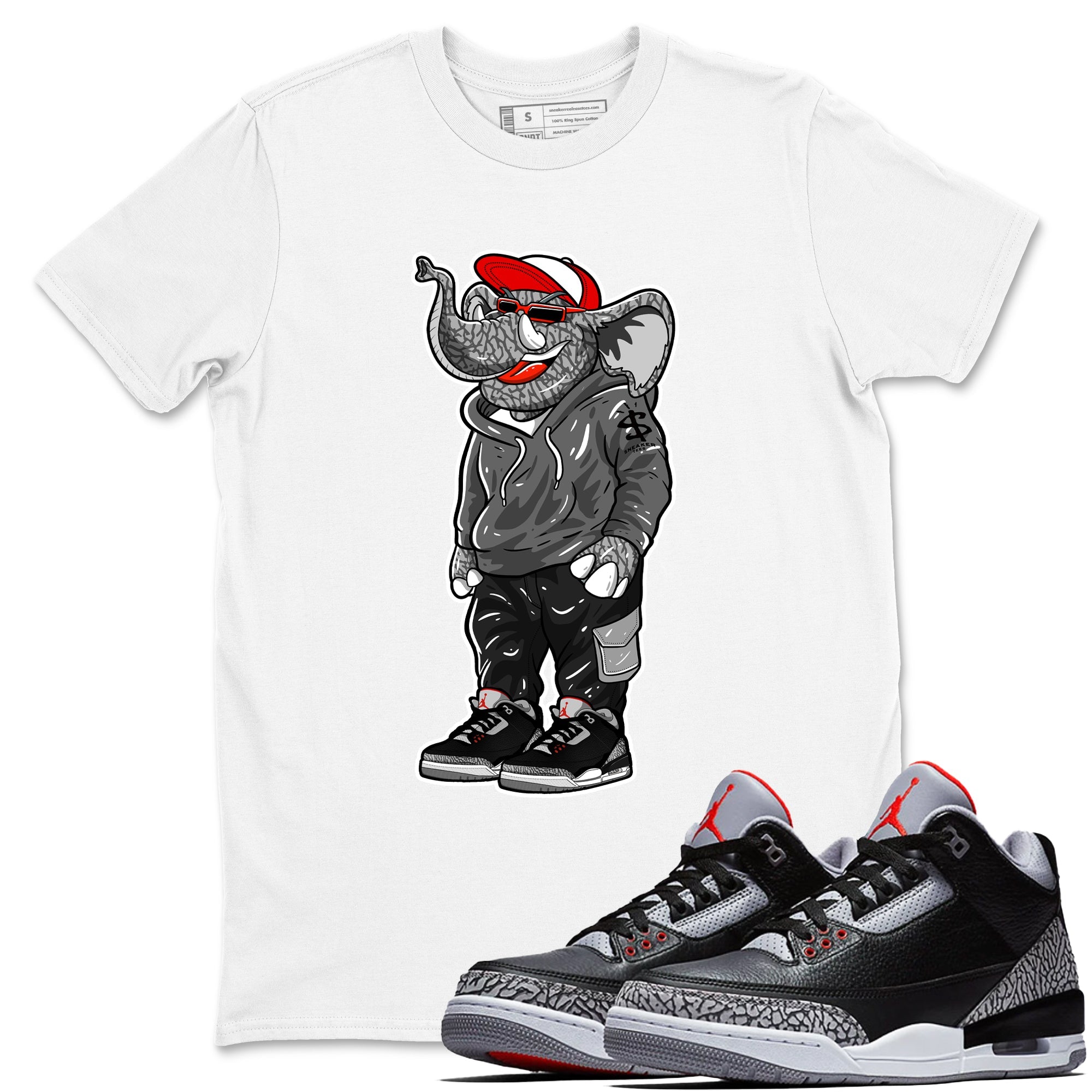 3s Black Cement shirts to match jordans Sneakerhead Elephant sneaker match tees Air Jordan 3 Retro OG Black Cement match shoes to clothes SNRT Sneaker Tees unisex cotton White 1 shirts