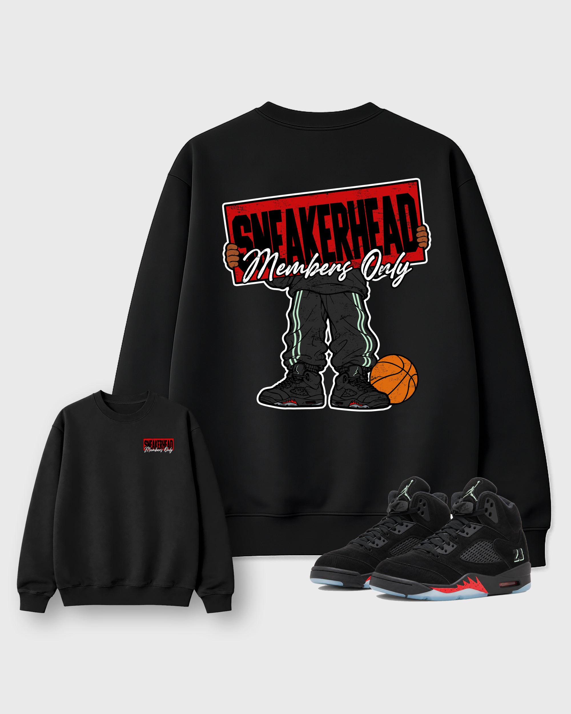Sneakerhead Members Only Black Graphic Sweatshirt - 1, a sneaker matching sweatshirt designed to coordinate with AJ5 Halloween sneakers for a complete sneaker outfit.