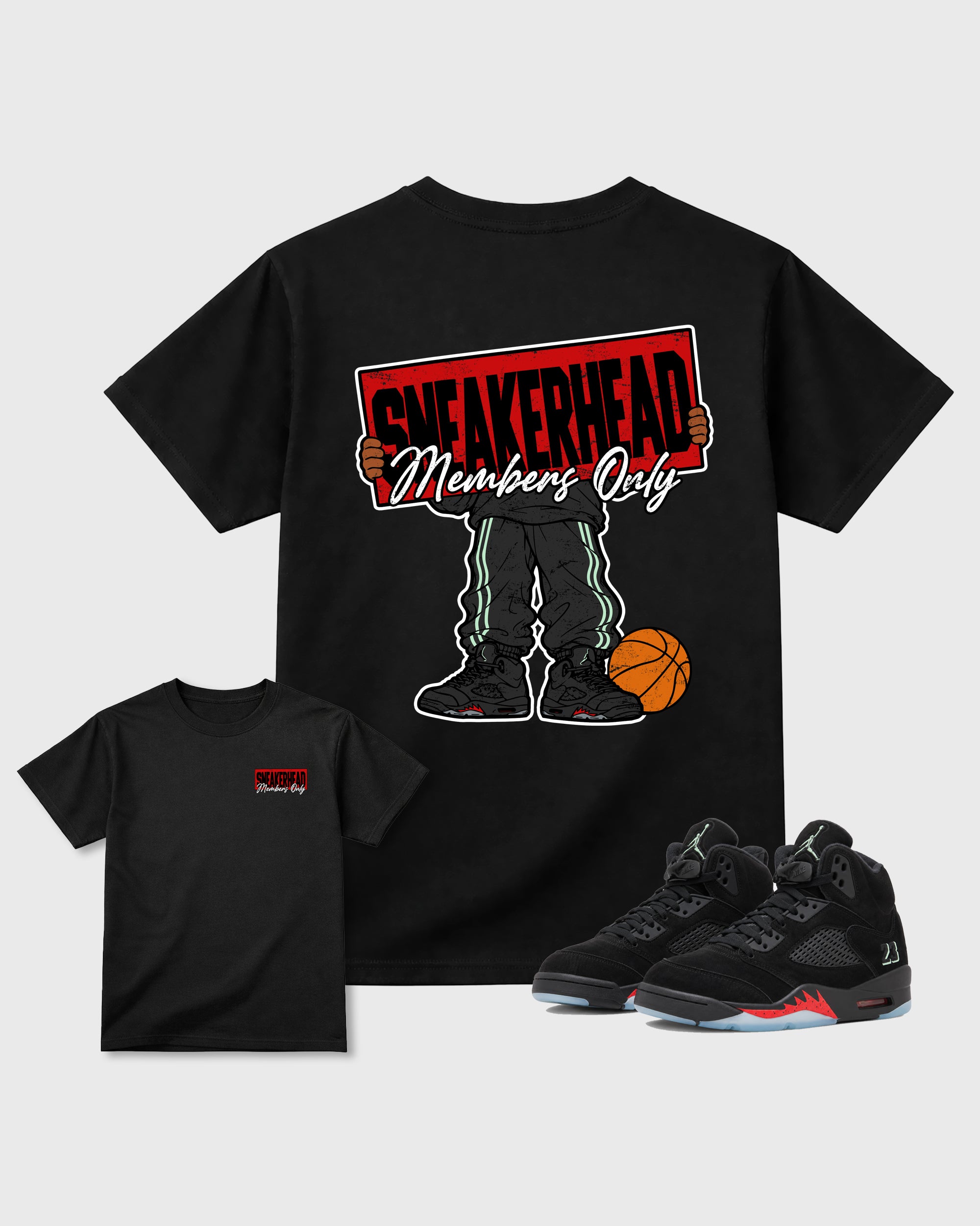 Sneakerhead Members Only Black Graphic T-Shirt - 1, sneaker matching tee designed to match AJ5 Halloween sneakers for a coordinated sneaker outfit.