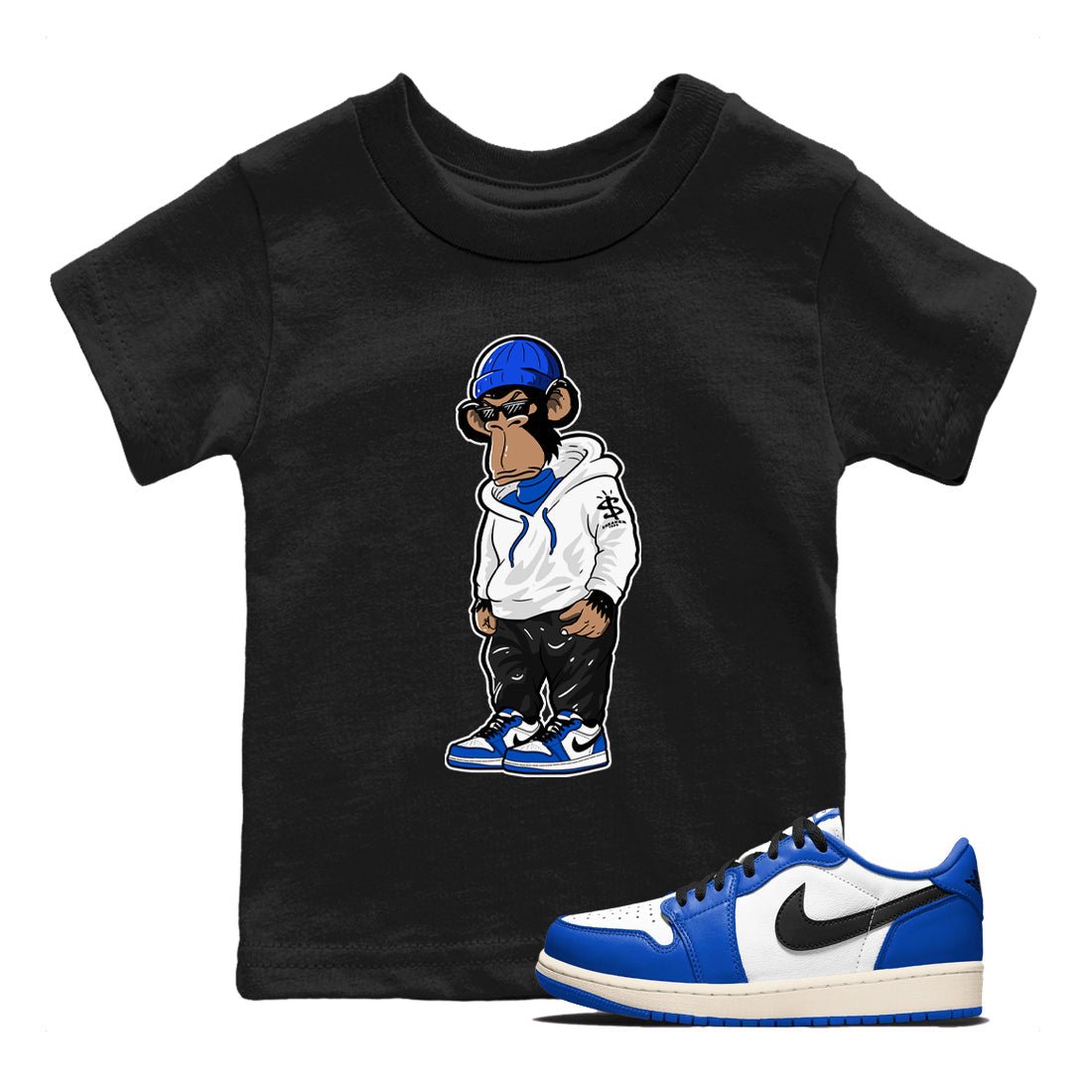 1s Game Royal shirts to match jordans Sneakerhead Monkey sneaker match tees Air Jordan 1 Retro Low OG Game Royal match shoes to clothes SNRT Sneaker Tees Youth Baby Black 1 tee