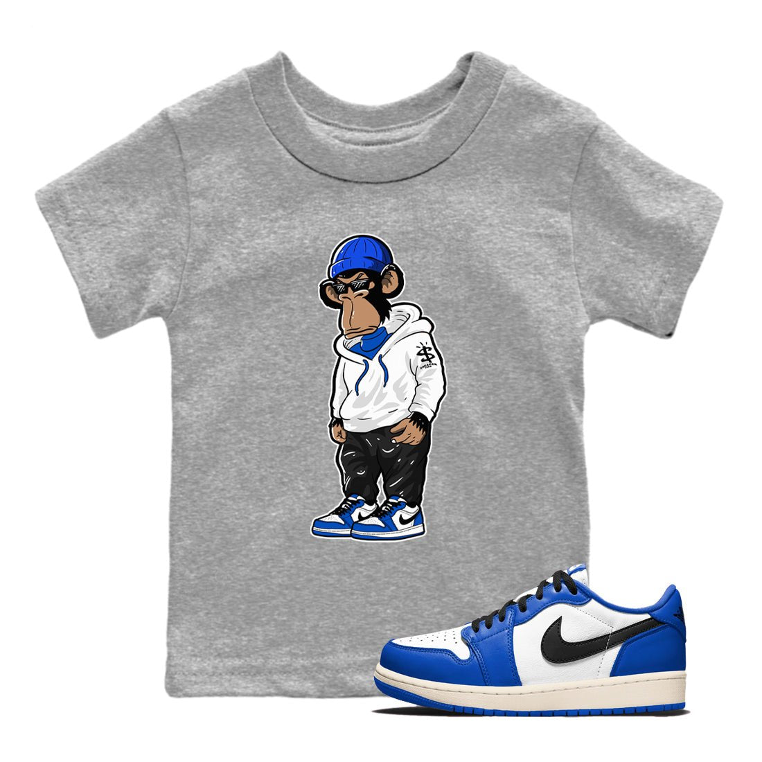 1s Game Royal shirts to match jordans Sneakerhead Monkey sneaker match tees Air Jordan 1 Retro Low OG Game Royal match shoes to clothes SNRT Sneaker Tees Youth Baby Heather Grey 1 tee