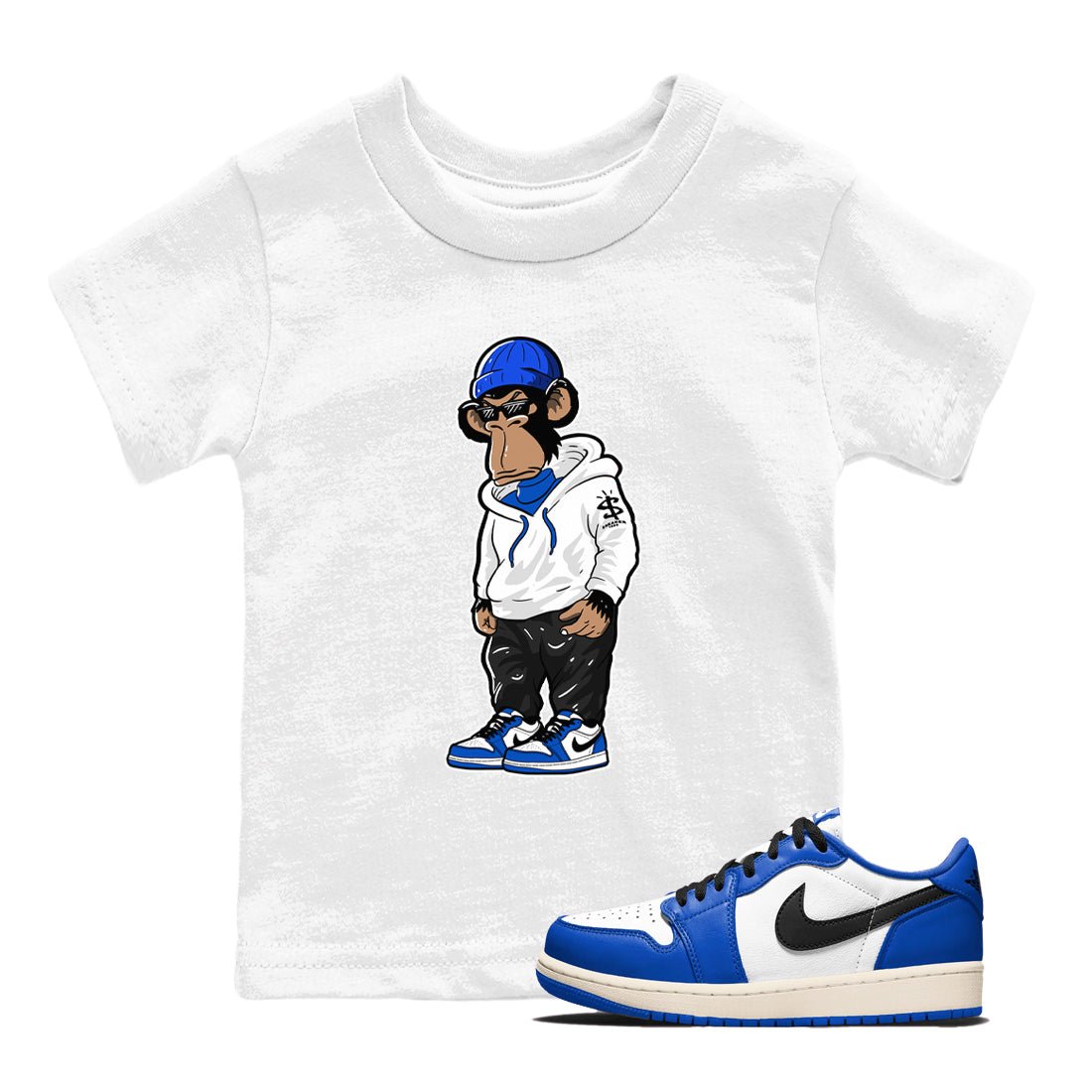 1s Game Royal shirts to match jordans Sneakerhead Monkey sneaker match tees Air Jordan 1 Retro Low OG Game Royal match shoes to clothes SNRT Sneaker Tees Youth Baby White 1 tee