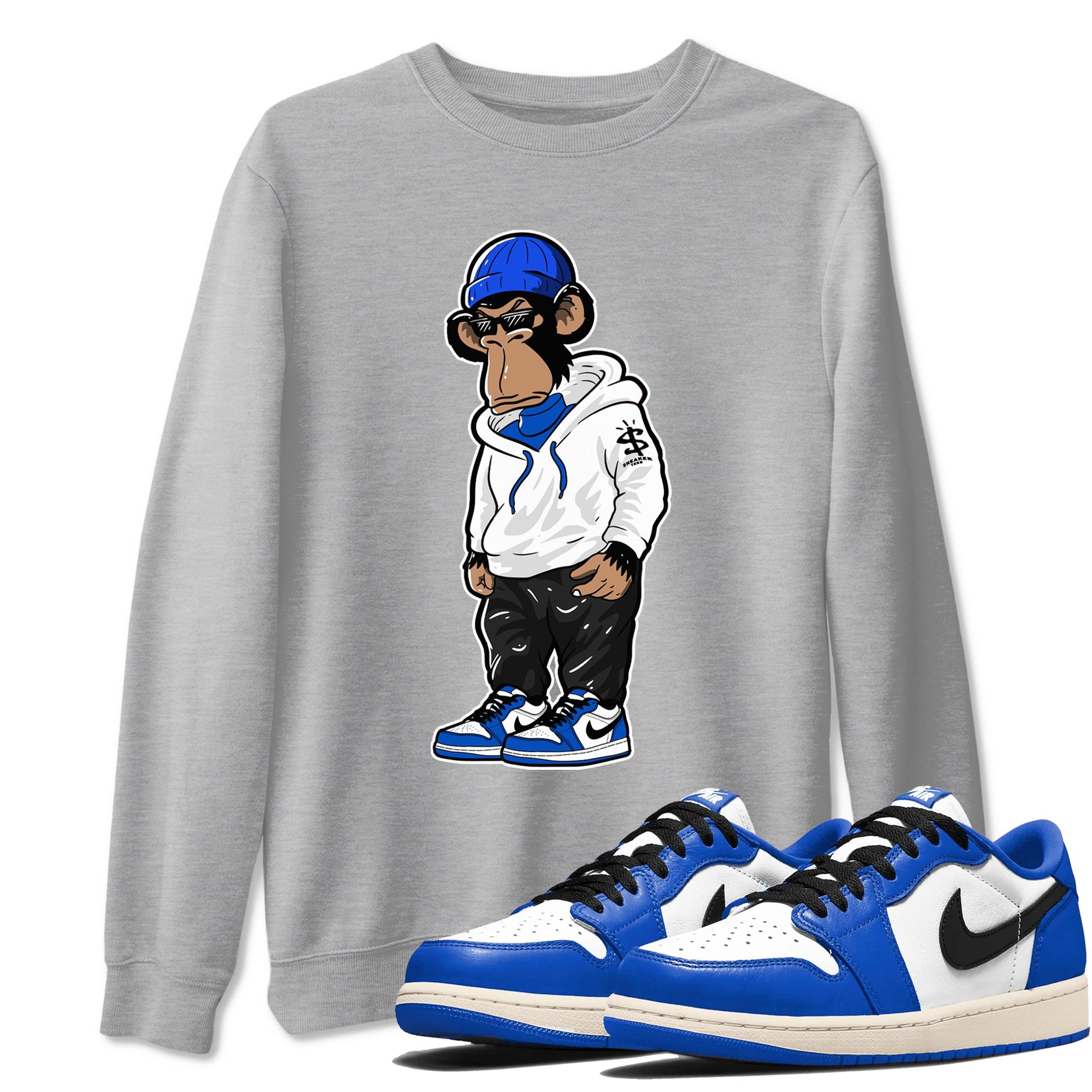 1s Game Royal shirts to match jordans Sneakerhead Monkey sneaker match tees Air Jordan 1 Retro Low OG Game Royal match shoes to clothes SNRT Sneaker Tees unisex cotton Heather Grey 1 shirts