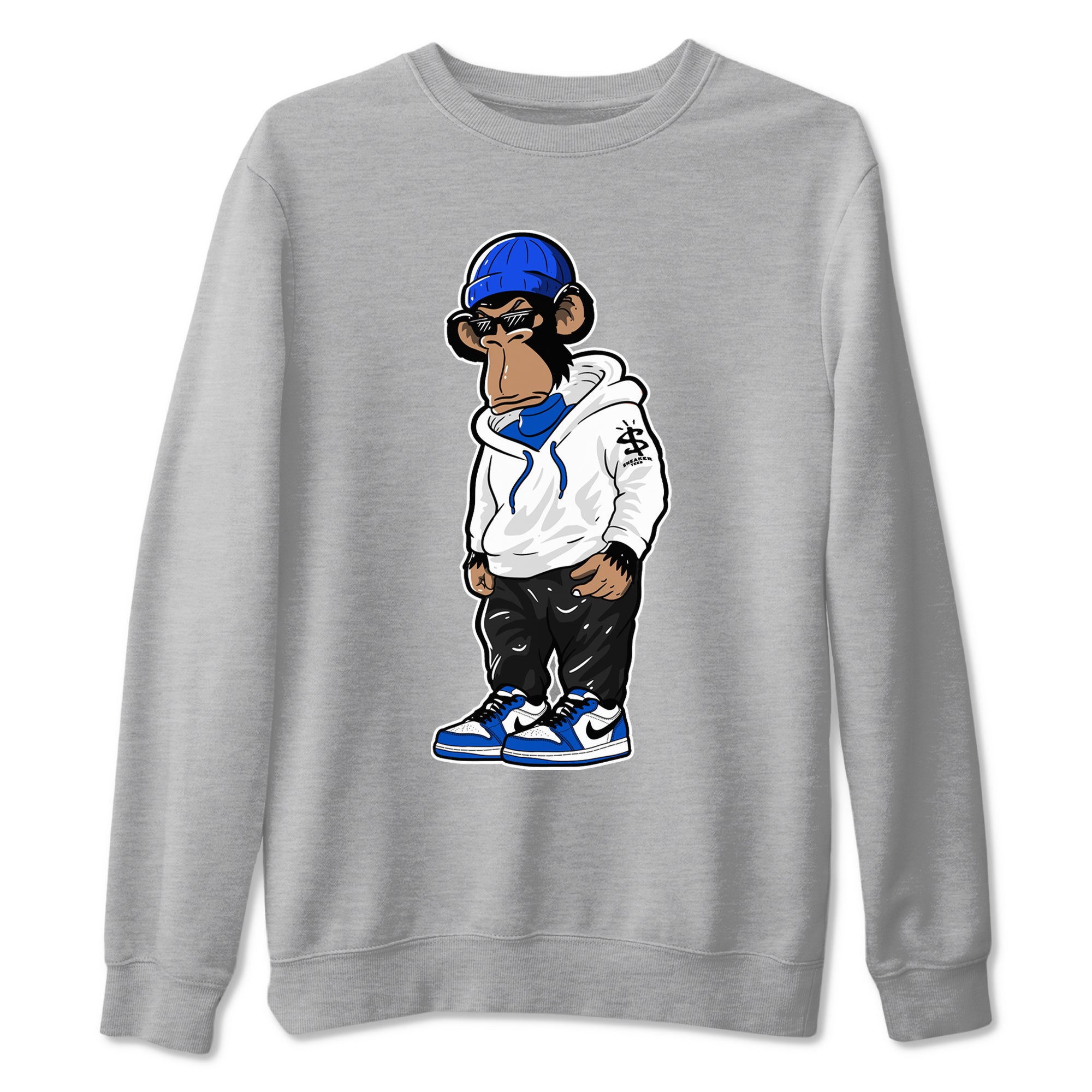 1s Game Royal shirts to match jordans Sneakerhead Monkey sneaker match tees Air Jordan 1 Retro Low OG Game Royal match shoes to clothes SNRT Sneaker Tees unisex cotton Heather Grey 2 shirts