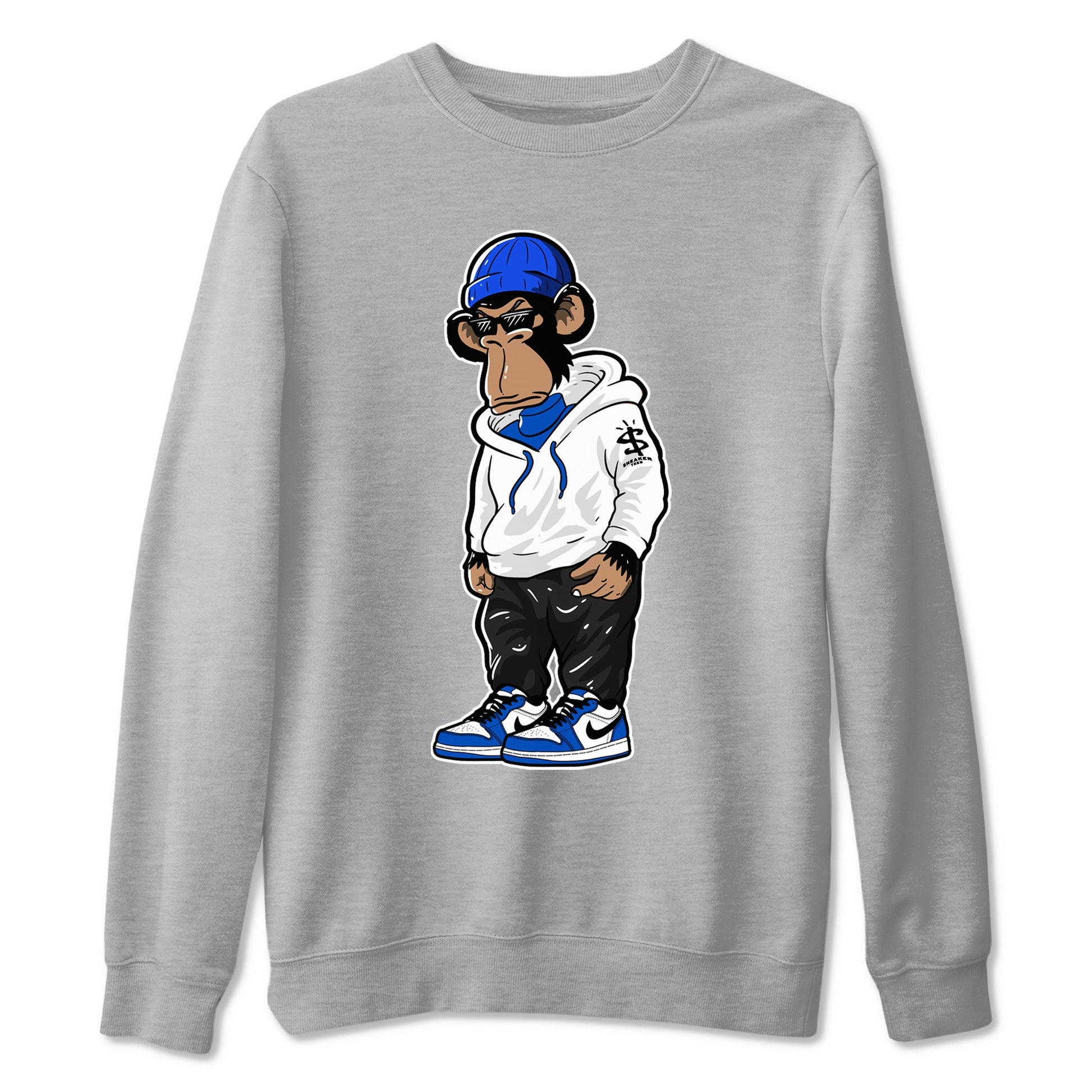 1s Game Royal shirts to match jordans Sneakerhead Monkey sneaker match tees Air Jordan 1 Retro Low OG Game Royal match shoes to clothes SNRT Sneaker Tees unisex cotton Heather Grey 2 shirts
