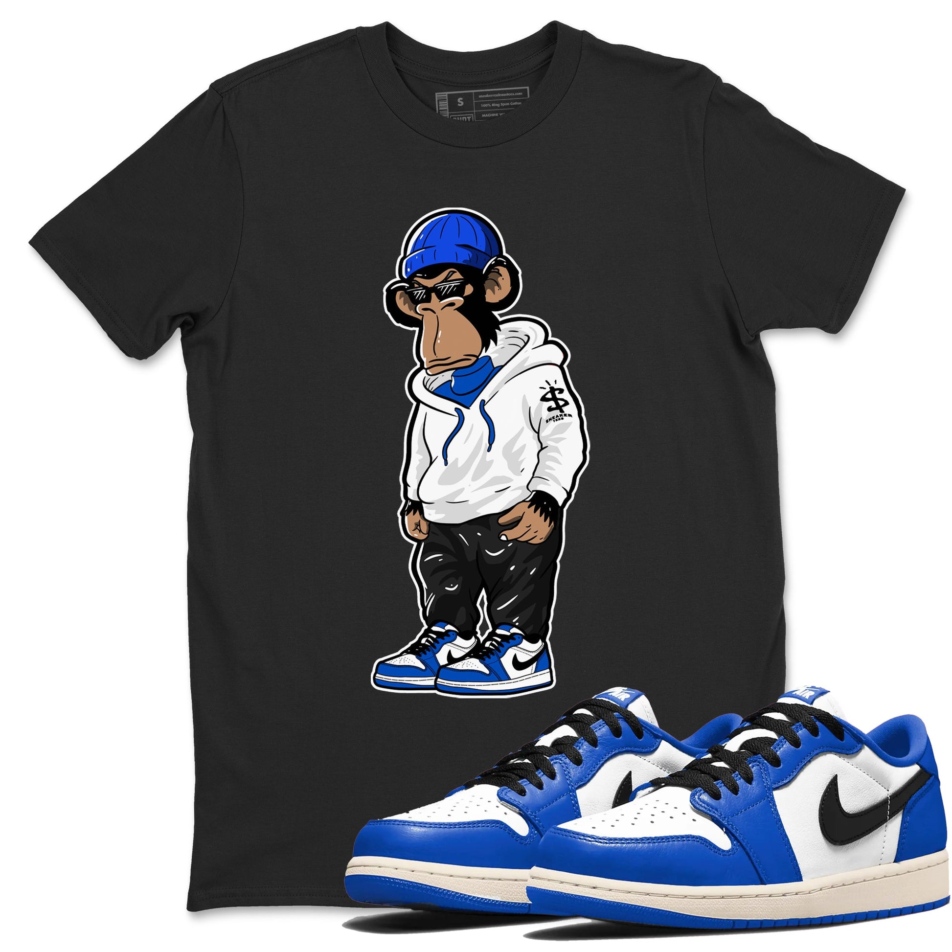 1s Game Royal shirts to match jordans Sneakerhead Monkey sneaker match tees Air Jordan 1 Retro Low OG Game Royal match shoes to clothes SNRT Sneaker Tees unisex cotton Black 1 shirts
