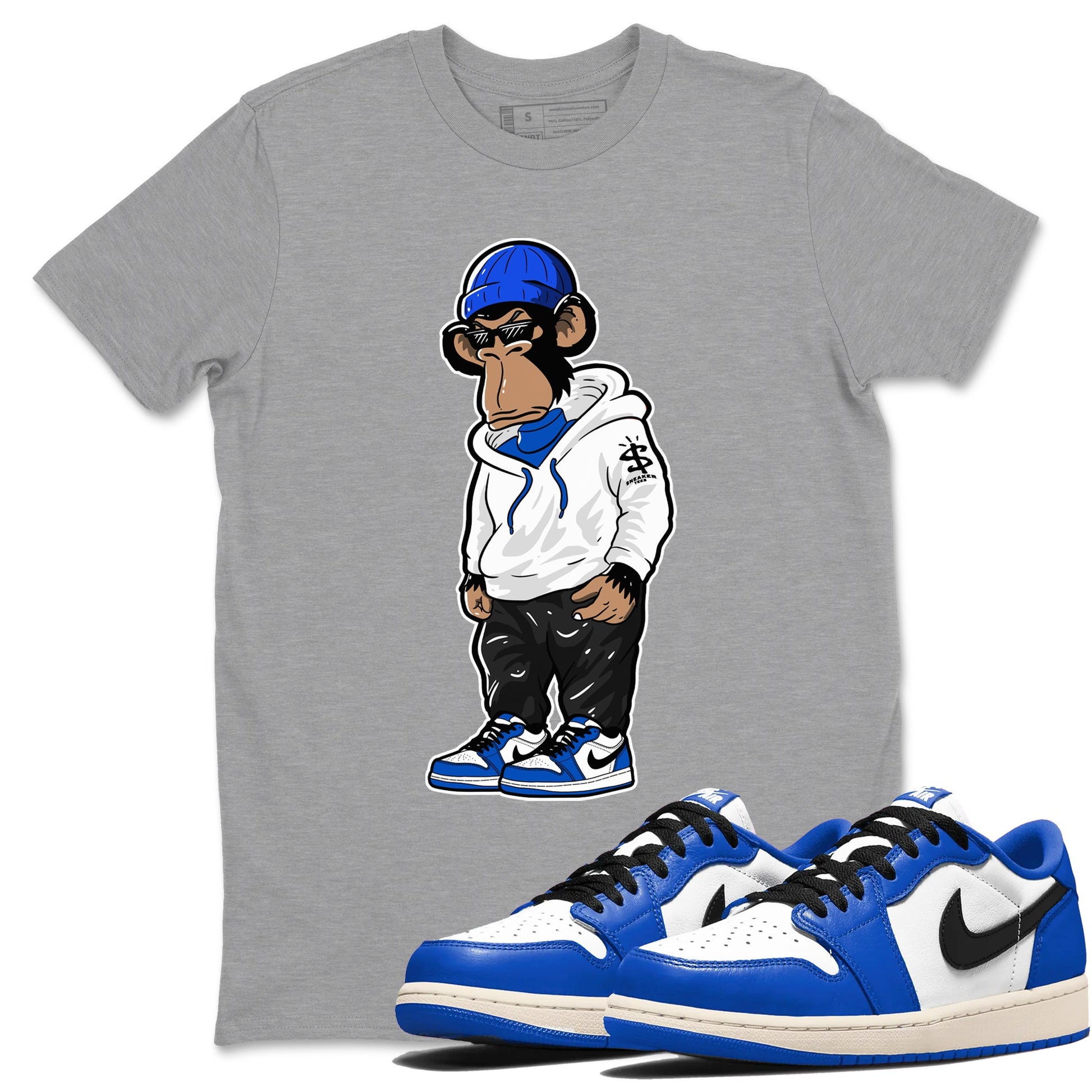 1s Game Royal shirts to match jordans Sneakerhead Monkey sneaker match tees Air Jordan 1 Retro Low OG Game Royal match shoes to clothes SNRT Sneaker Tees unisex cotton Heather Grey 1 shirts