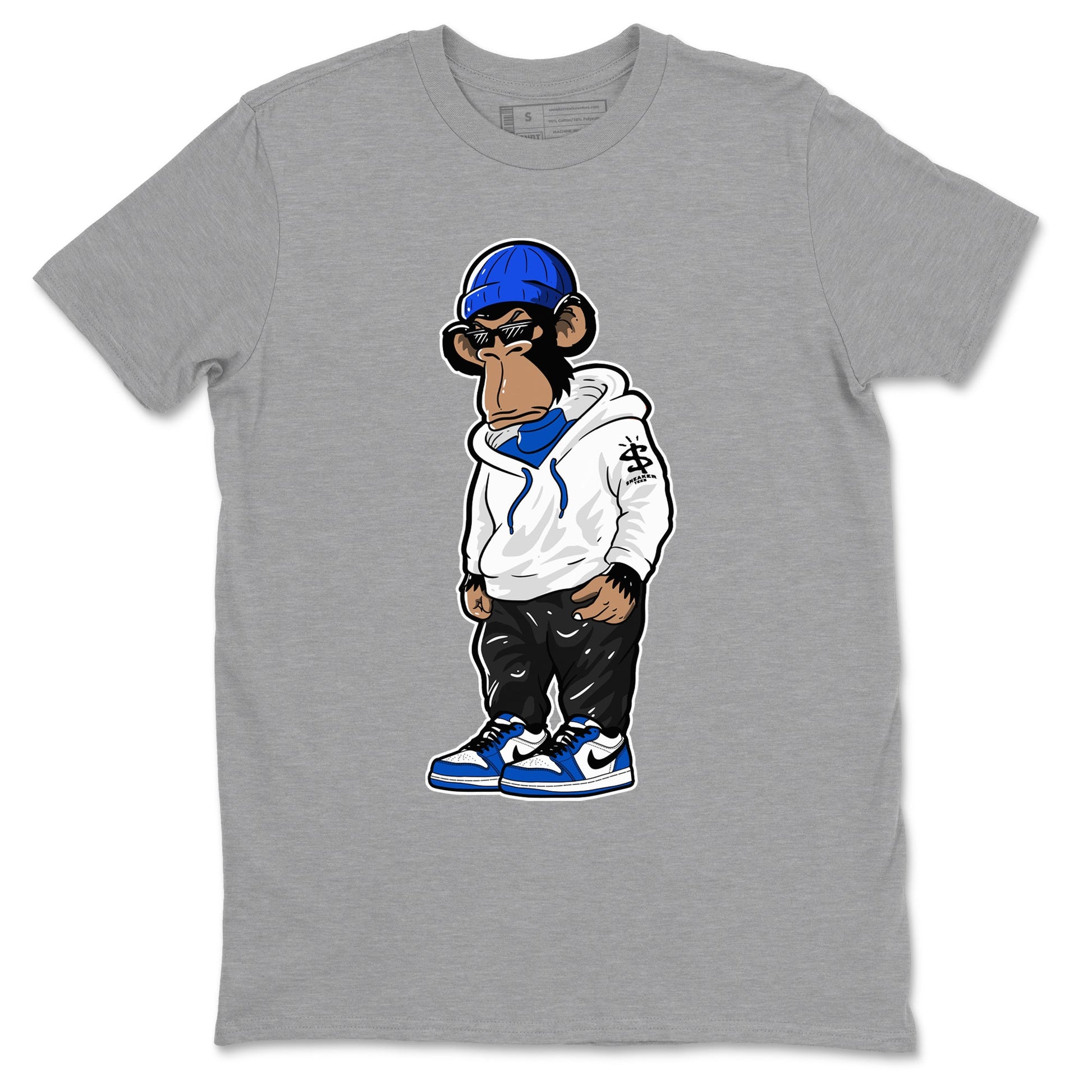 1s Game Royal shirts to match jordans Sneakerhead Monkey sneaker match tees Air Jordan 1 Retro Low OG Game Royal match shoes to clothes SNRT Sneaker Tees unisex cotton Heather Grey 2 shirts