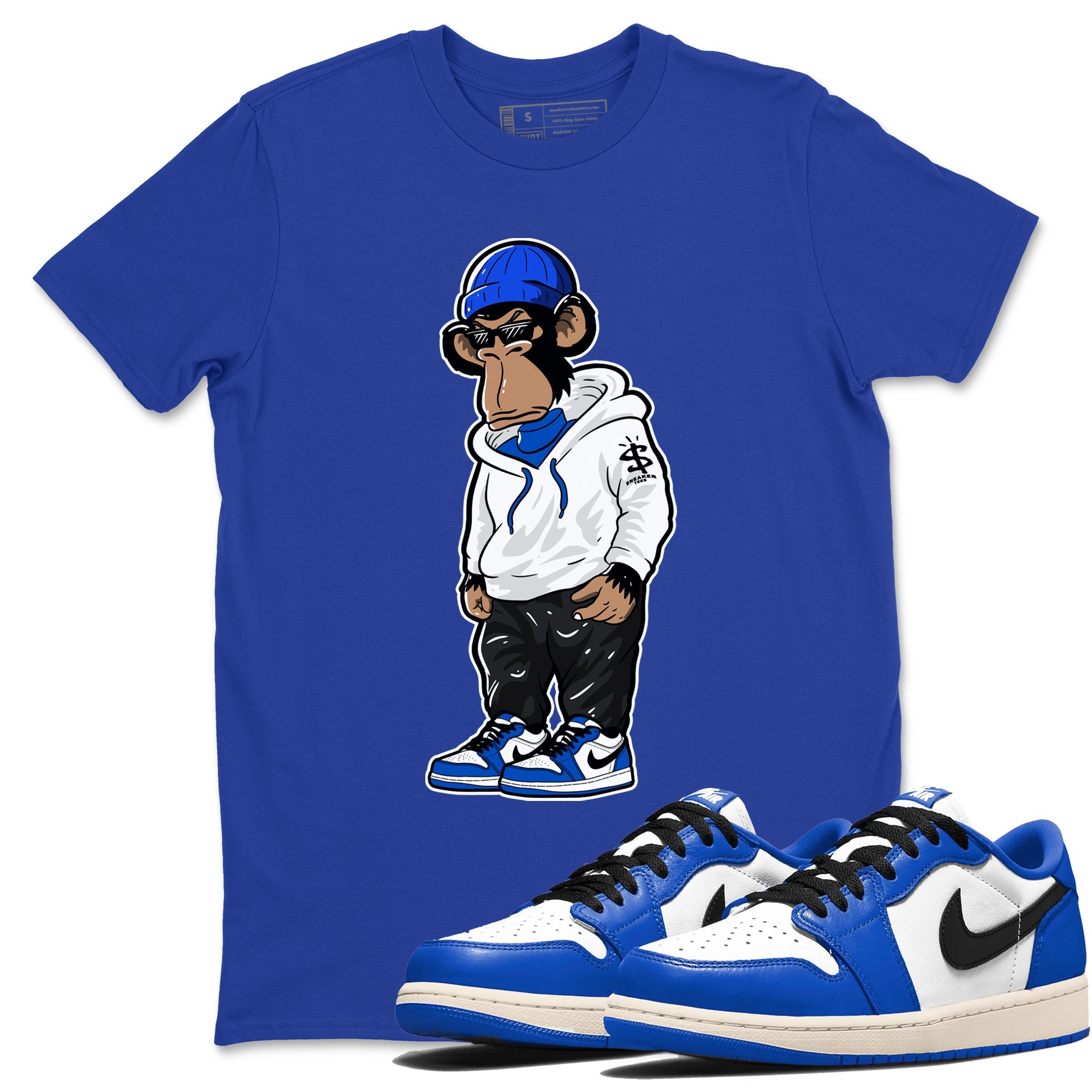 1s Game Royal shirts to match jordans Sneakerhead Monkey sneaker match tees Air Jordan 1 Retro Low OG Game Royal match shoes to clothes SNRT Sneaker Tees unisex cotton Royal Blue 1 shirts