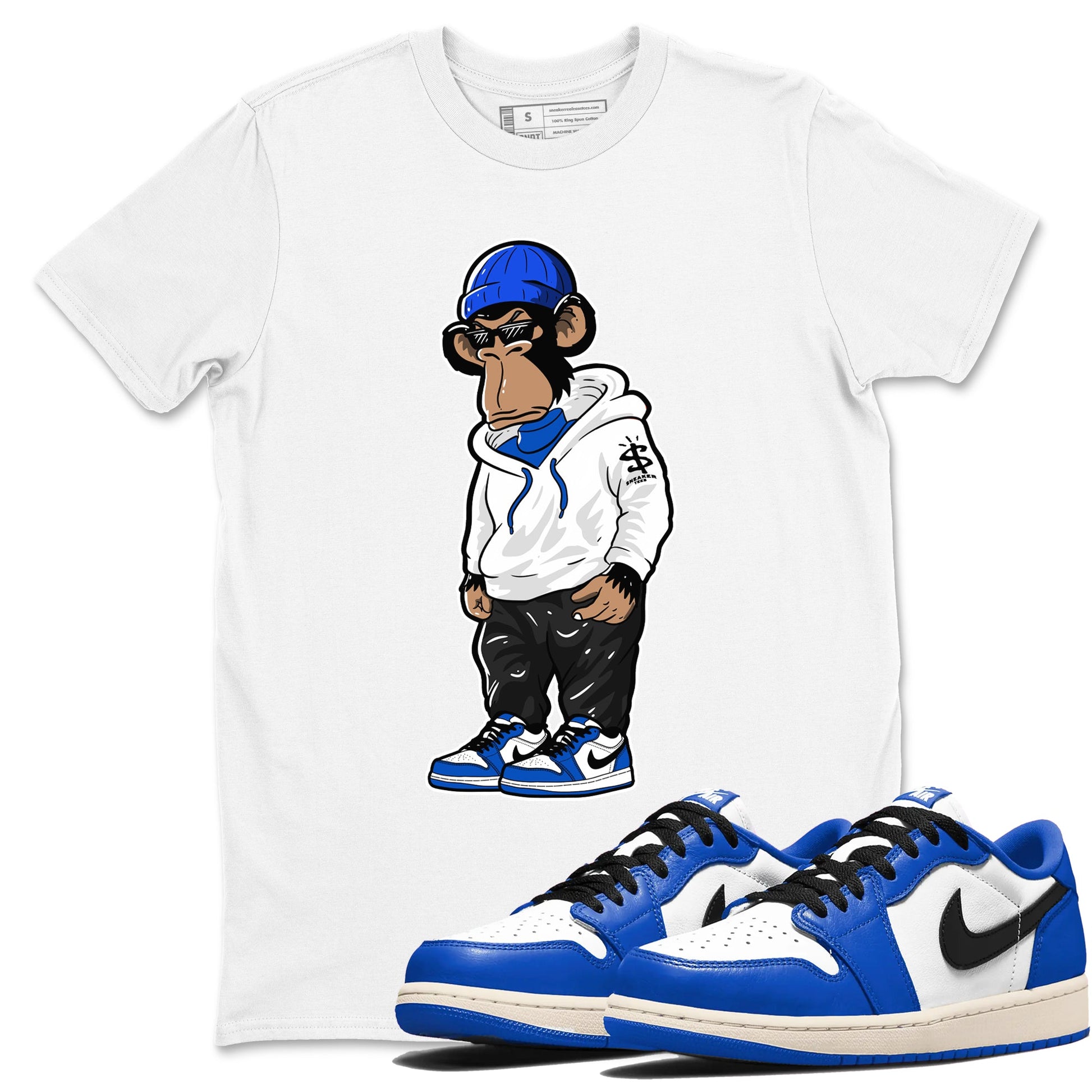1s Game Royal shirts to match jordans Sneakerhead Monkey sneaker match tees Air Jordan 1 Retro Low OG Game Royal match shoes to clothes SNRT Sneaker Tees unisex cotton White 1 shirts