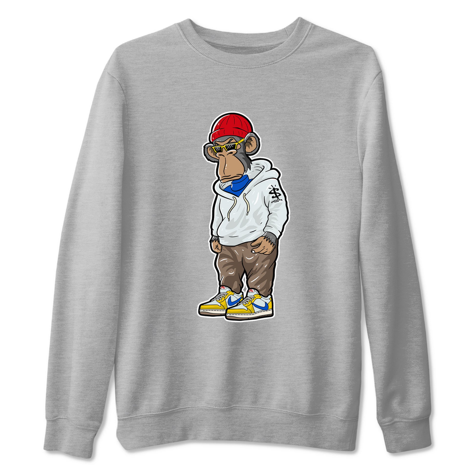 Air Jordan 1 Low x Travis Scott x Canary shirt to match jordans Sneakerhead Monkey sneaker tees AJ1 Travis Scott Canary Streetwear Brand SNRT Sneaker Tees unisex cotton Heather Grey 2 crew neck shirt