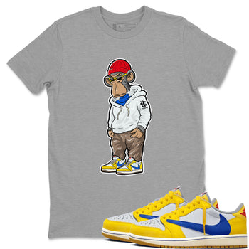 Air Jordan 1 Low x Travis Scott x Canary shirt to match jordans Sneakerhead Monkey sneaker tees AJ1 Travis Scott Canary Streetwear Brand SNRT Sneaker Tees unisex cotton Heather Grey 1 crew neck shirt