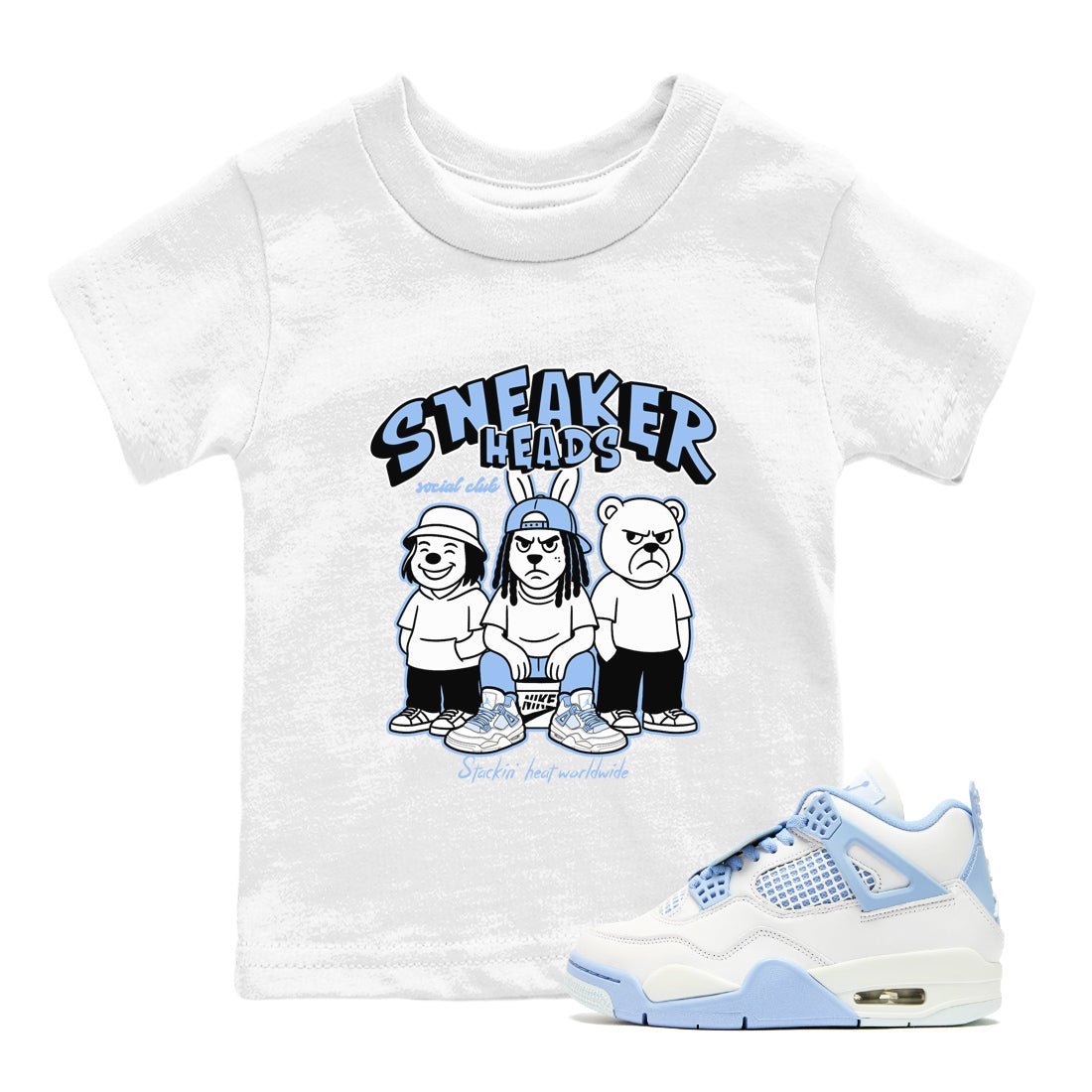Sneakerhead Social Club baby and kids t-shirt crafted for little sneakerheads to shine with the Air Jordan 4 Aluminum sneakers, displayed in White 1.