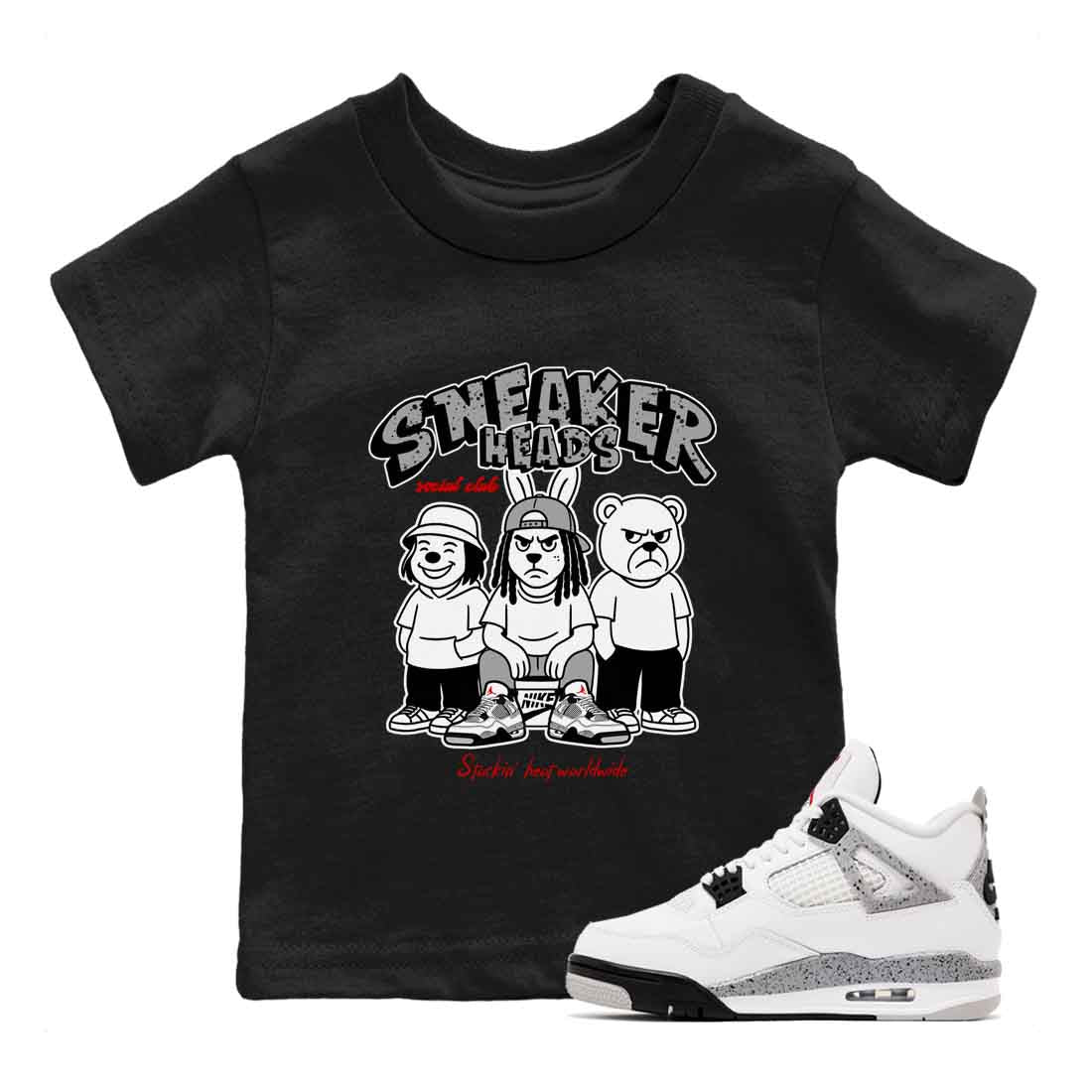 Sneakerhead Social Club baby and kids t-shirt crafted for little sneakerheads to shine with the Air Jordan 4 White Cement sneakers, displayed in Black 1.
