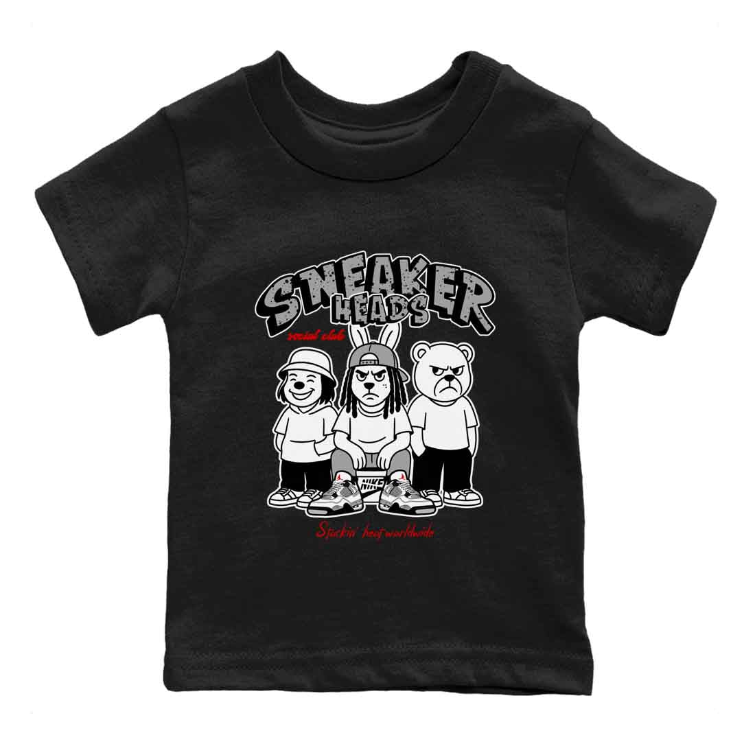 Sneakerhead Social Club baby and kids t-shirt crafted for little sneakerheads to shine with the Air Jordan 4 White Cement sneakers, displayed in Black 2.