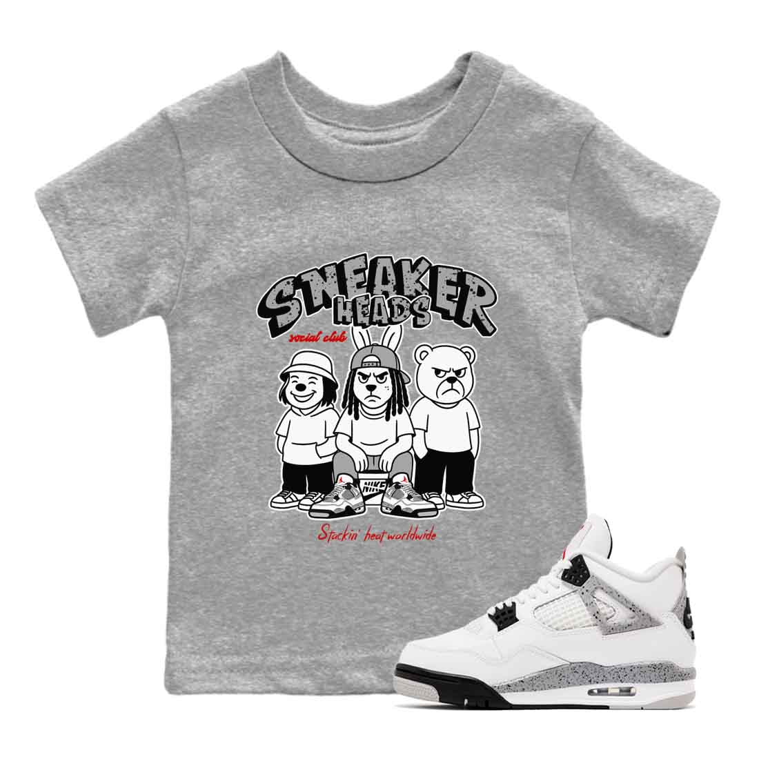Sneakerhead Social Club baby and kids t-shirt crafted for little sneakerheads to shine with the Air Jordan 4 White Cement sneakers, displayed in Heather Grey 1.