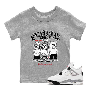 Sneakerhead Social Club baby and kids t-shirt crafted for little sneakerheads to shine with the Air Jordan 4 White Cement sneakers, displayed in Heather Grey 1.