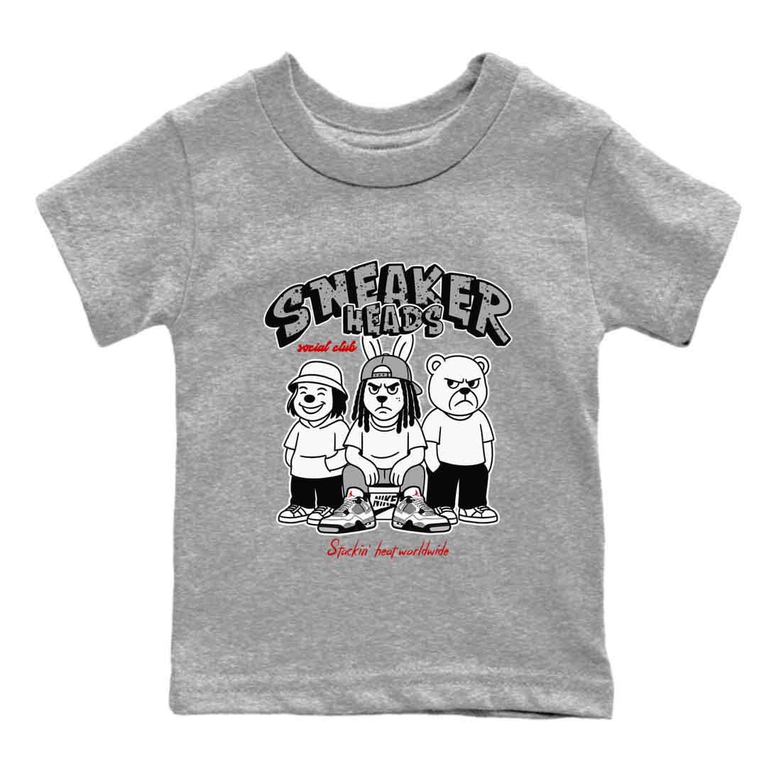 Sneakerhead Social Club baby and kids t-shirt crafted for little sneakerheads to shine with the Air Jordan 4 White Cement sneakers, displayed in Heather Grey 2.