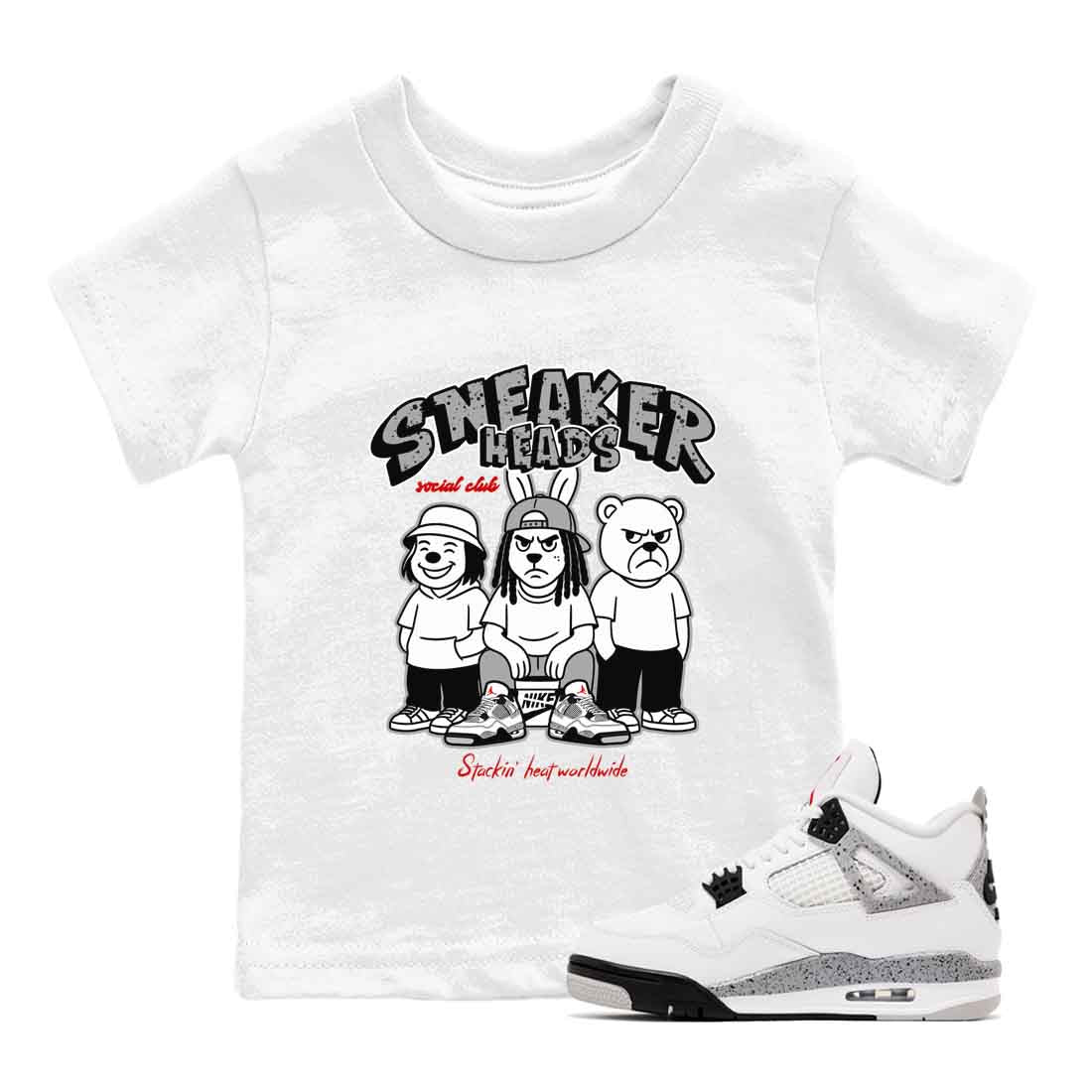 Sneakerhead Social Club baby and kids t-shirt crafted for little sneakerheads to shine with the Air Jordan 4 White Cement sneakers, displayed in White 1.