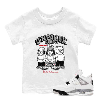 Sneakerhead Social Club baby and kids t-shirt crafted for little sneakerheads to shine with the Air Jordan 4 White Cement sneakers, displayed in White 1.
