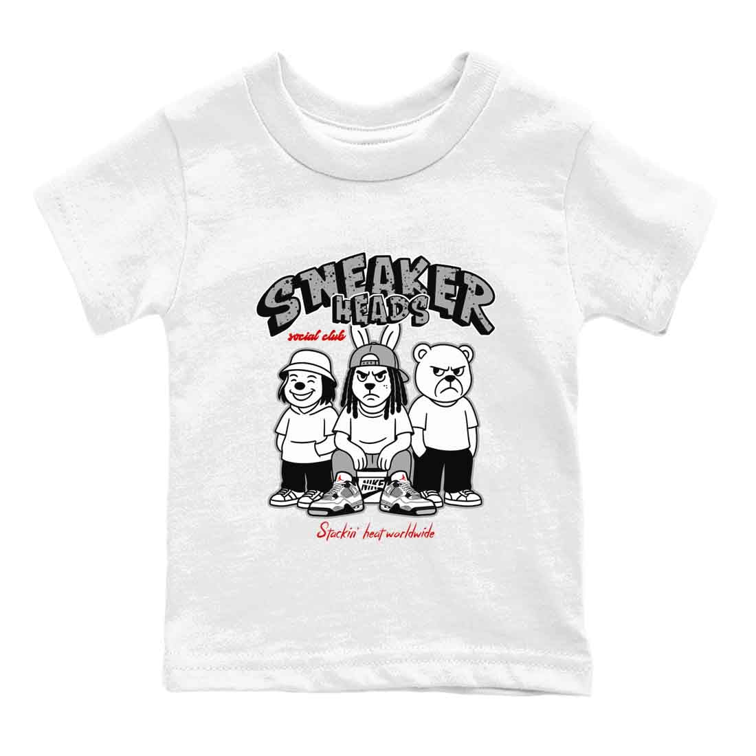 Sneakerhead Social Club baby and kids t-shirt crafted for little sneakerheads to shine with the Air Jordan 4 White Cement sneakers, displayed in White 2.