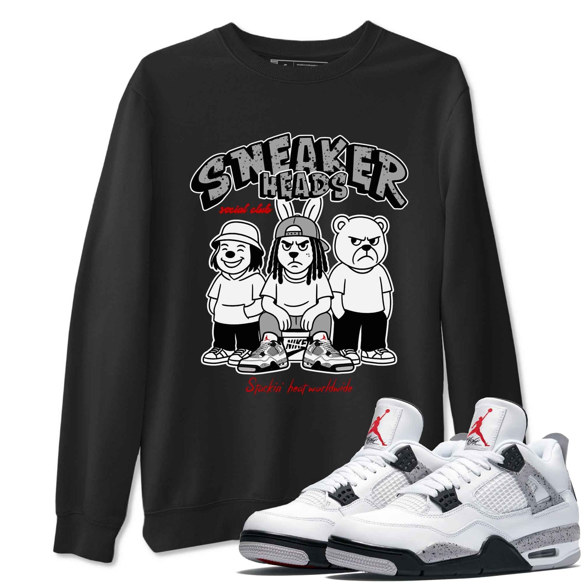 Sneakerhead Social Club sneaker match t-shirt styled to complete your fit with the Air Jordan 4 White Cement sneakers, shown in Black 1.