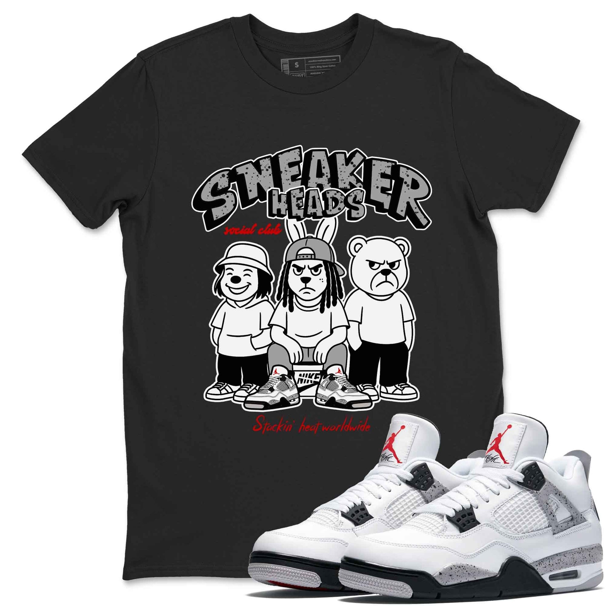 Sneakerhead Social Club sneaker match t-shirt styled to complete your fit with the Air Jordan 4 White Cement sneakers, shown in Black 2.