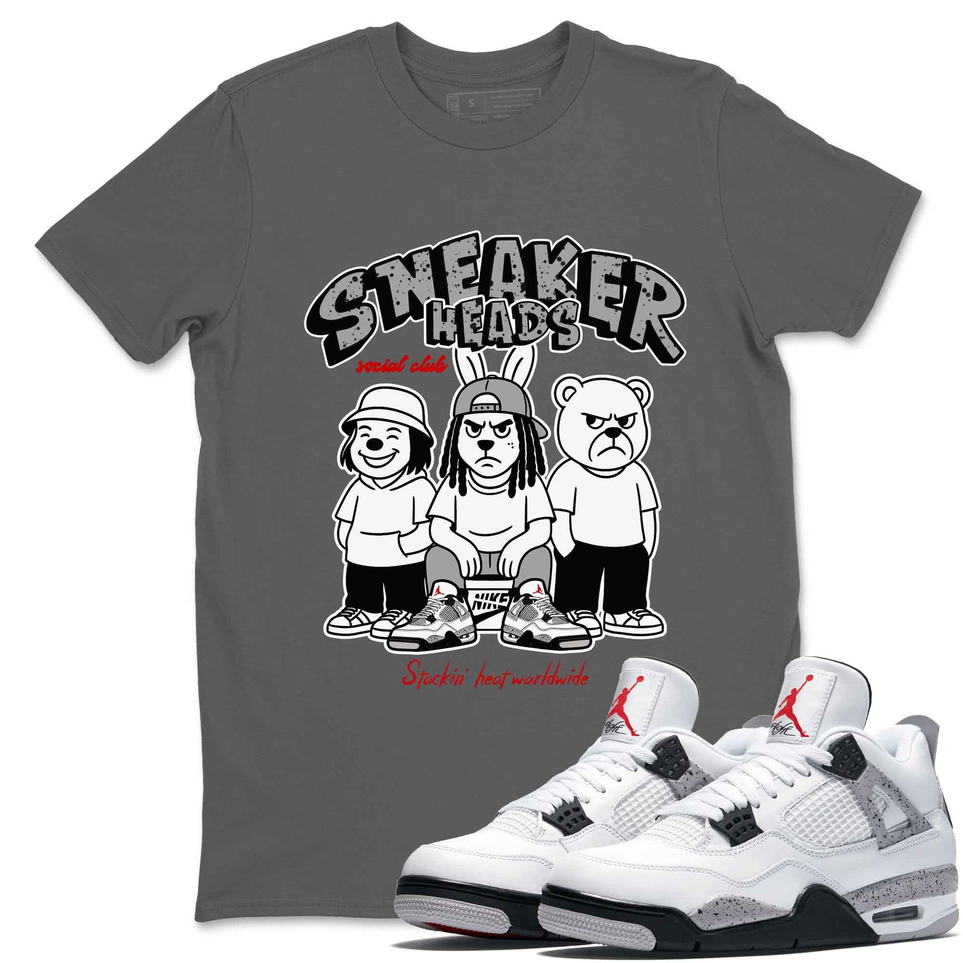 Sneakerhead Social Club sneaker match t-shirt styled to complete your fit with the Air Jordan 4 White Cement sneakers, shown in Cool Grey 1.