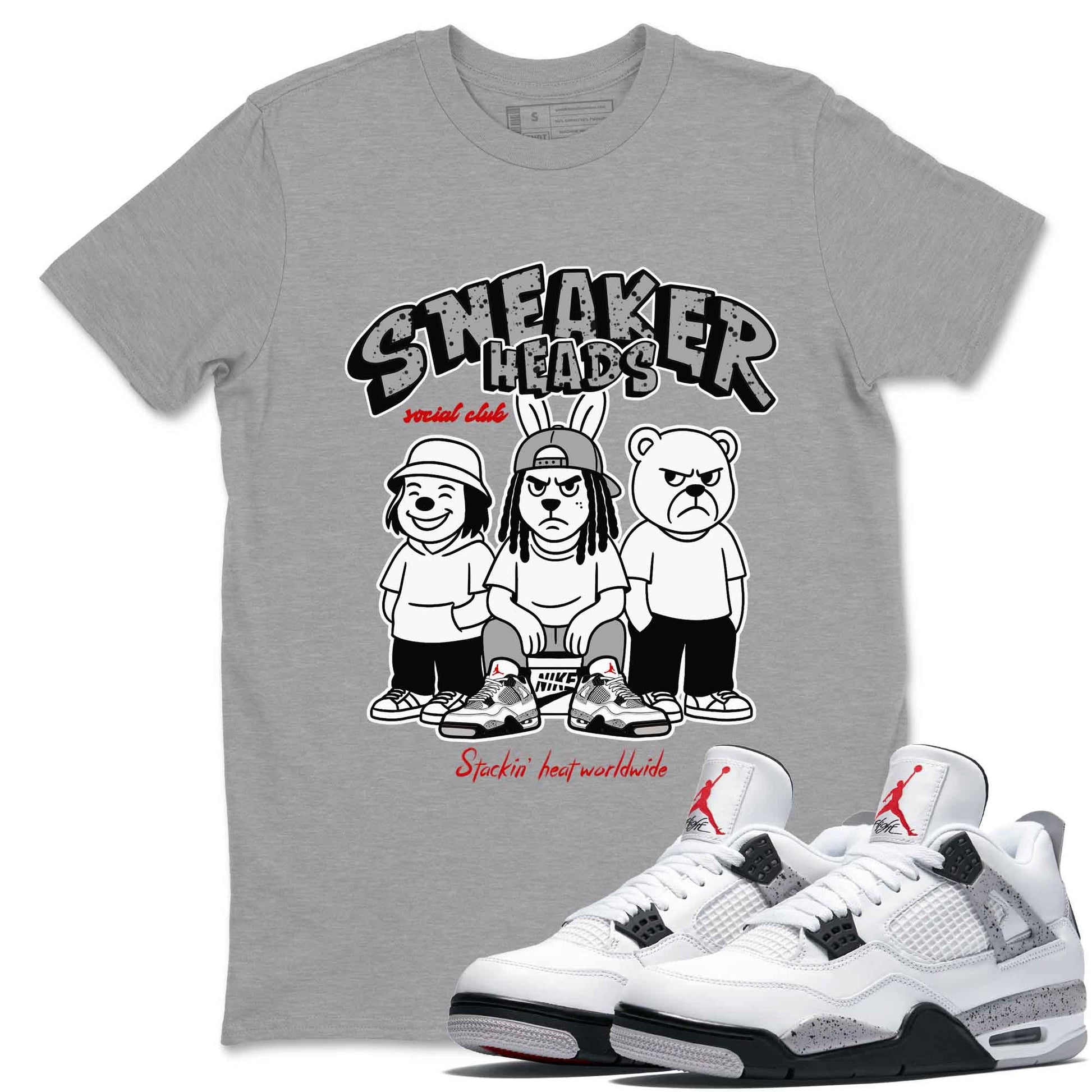 Sneakerhead Social Club sneaker match t-shirt styled to complete your fit with the Air Jordan 4 White Cement sneakers, shown in Heather Grey 1.