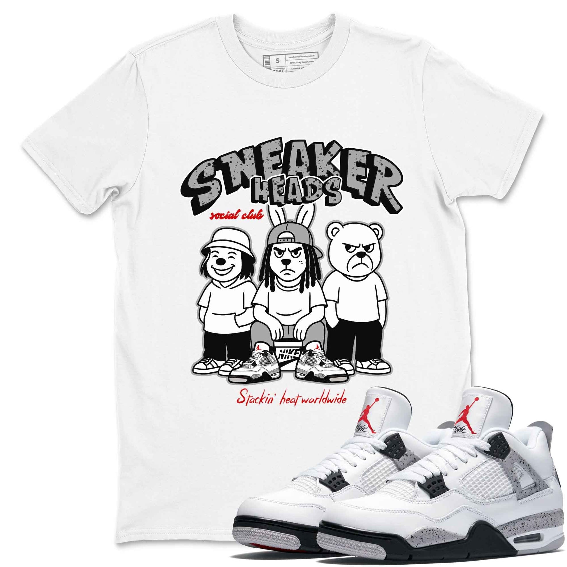 Sneakerhead Social Club sneaker match t-shirt styled to complete your fit with the Air Jordan 4 White Cement sneakers, shown in White 1.