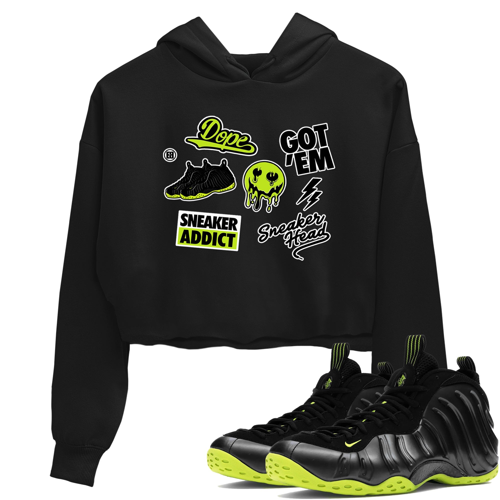 Foams One Black Volt shirts to match jordans Sneakerhead Sticker sneaker match tees Air Foamposite One Black and Volt match shoes to clothes SNRT Sneaker Tees unisex cotton Black 1 crop tee