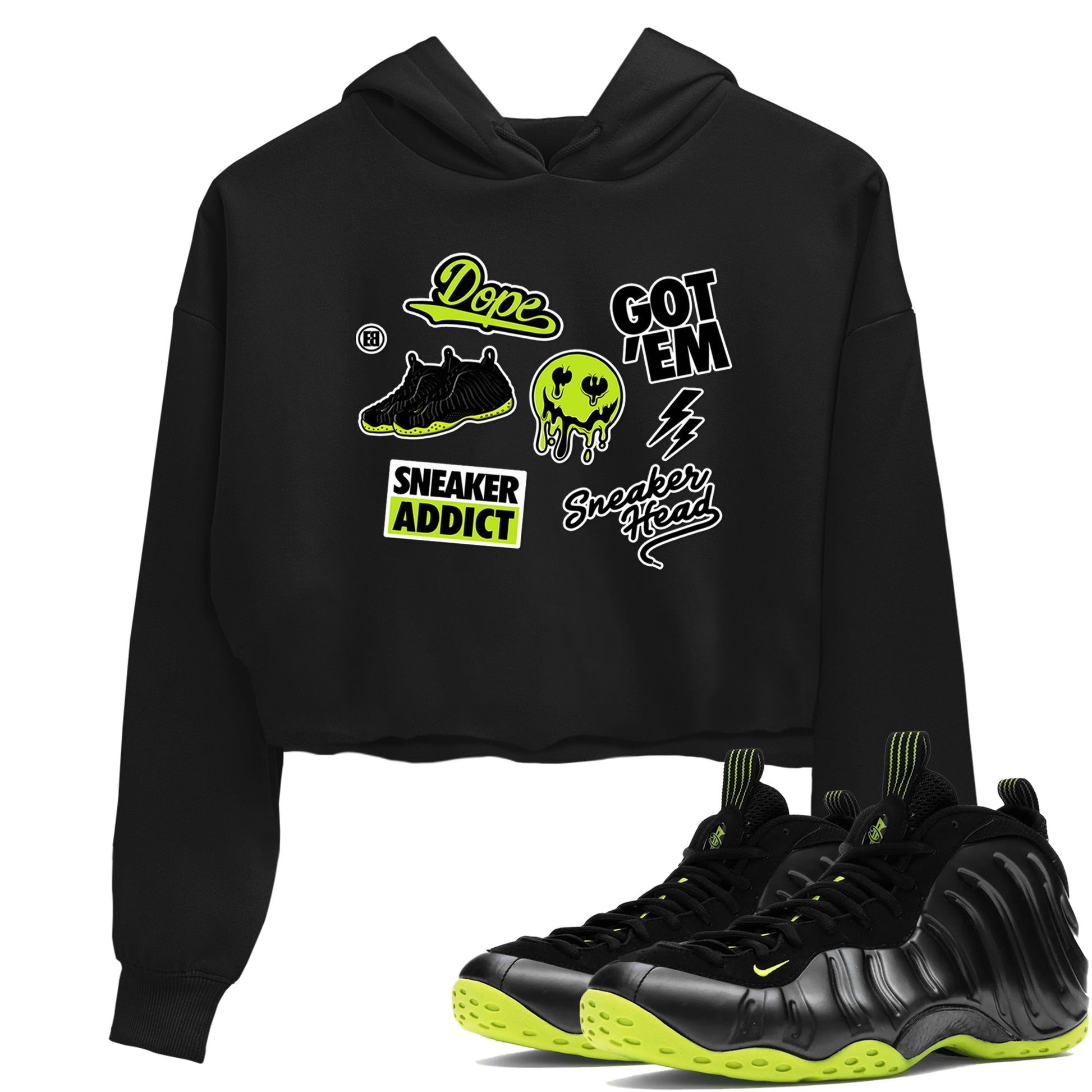 Foams One Black Volt shirts to match jordans Sneakerhead Sticker sneaker match tees Air Foamposite One Black and Volt match shoes to clothes SNRT Sneaker Tees unisex cotton Black 1 crop tee