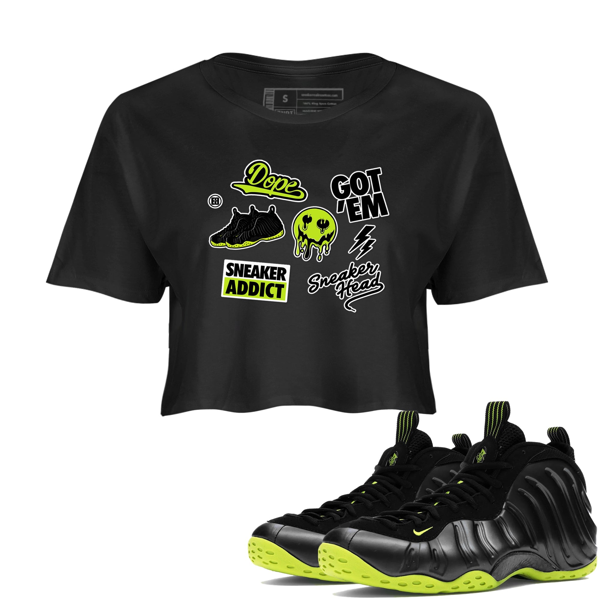 Foams One Black Volt shirts to match jordans Sneakerhead Sticker sneaker match tees Air Foamposite One Black and Volt match shoes to clothes SNRT Sneaker Tees unisex cotton Black 1 crop tee