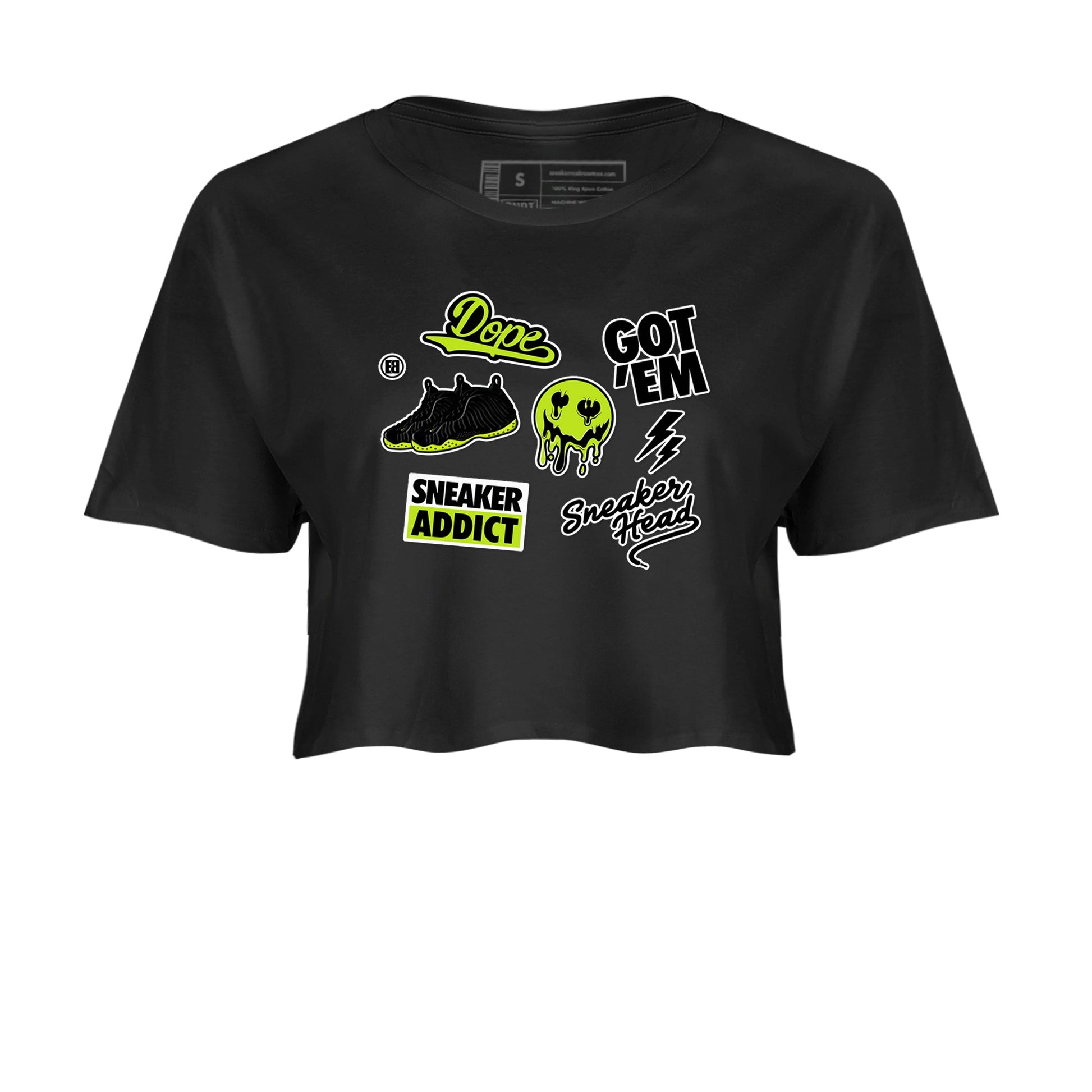 Foams One Black Volt shirts to match jordans Sneakerhead Sticker sneaker match tees Air Foamposite One Black and Volt match shoes to clothes SNRT Sneaker Tees unisex cotton Black 2 crop tee