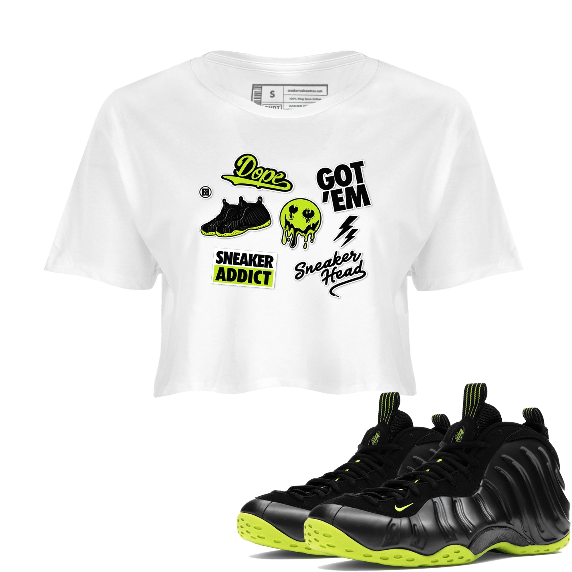 Foams One Black Volt shirts to match jordans Sneakerhead Sticker sneaker match tees Air Foamposite One Black and Volt match shoes to clothes SNRT Sneaker Tees unisex cotton White 1 crop tee