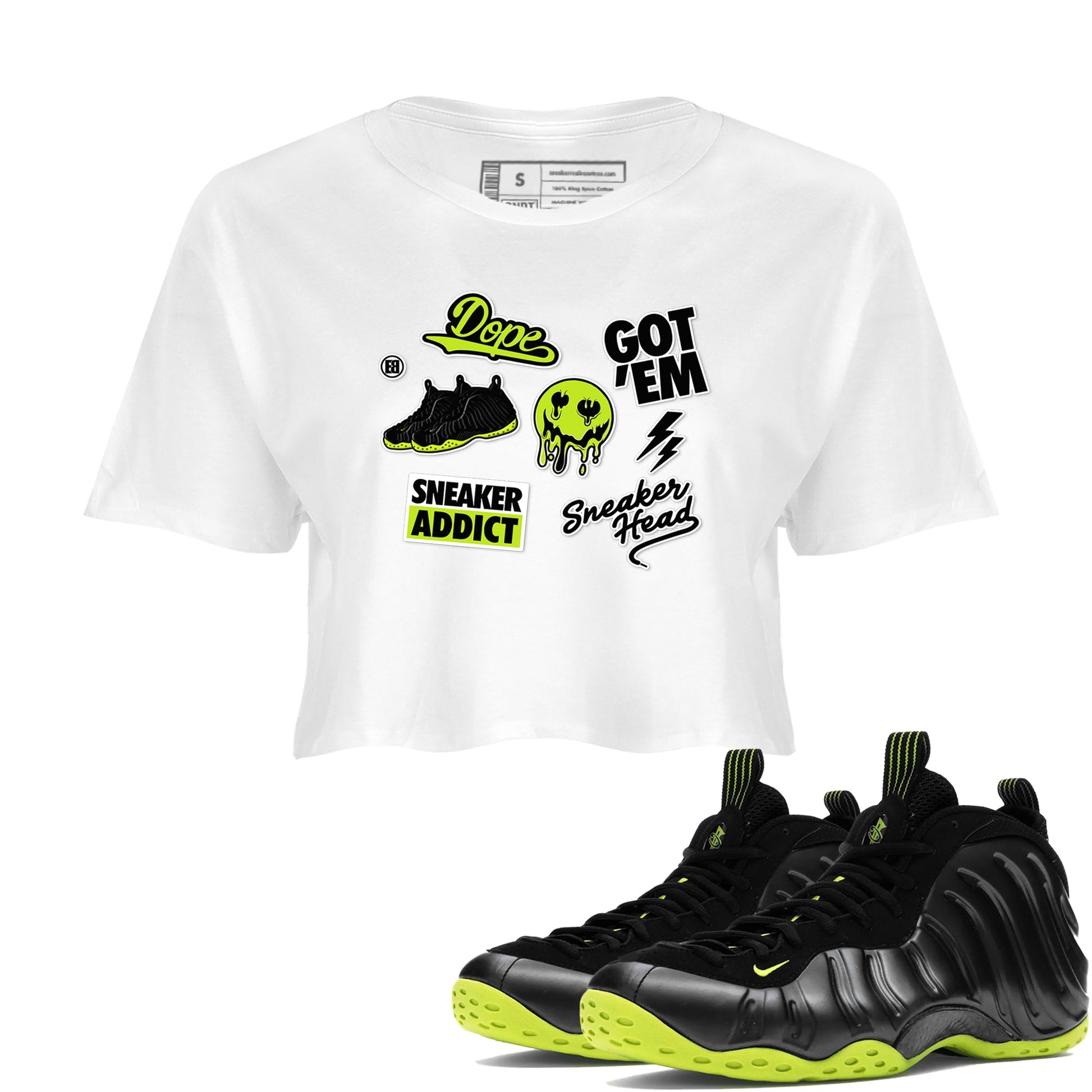 Foams One Black Volt shirts to match jordans Sneakerhead Sticker sneaker match tees Air Foamposite One Black and Volt match shoes to clothes SNRT Sneaker Tees unisex cotton White 1 crop tee
