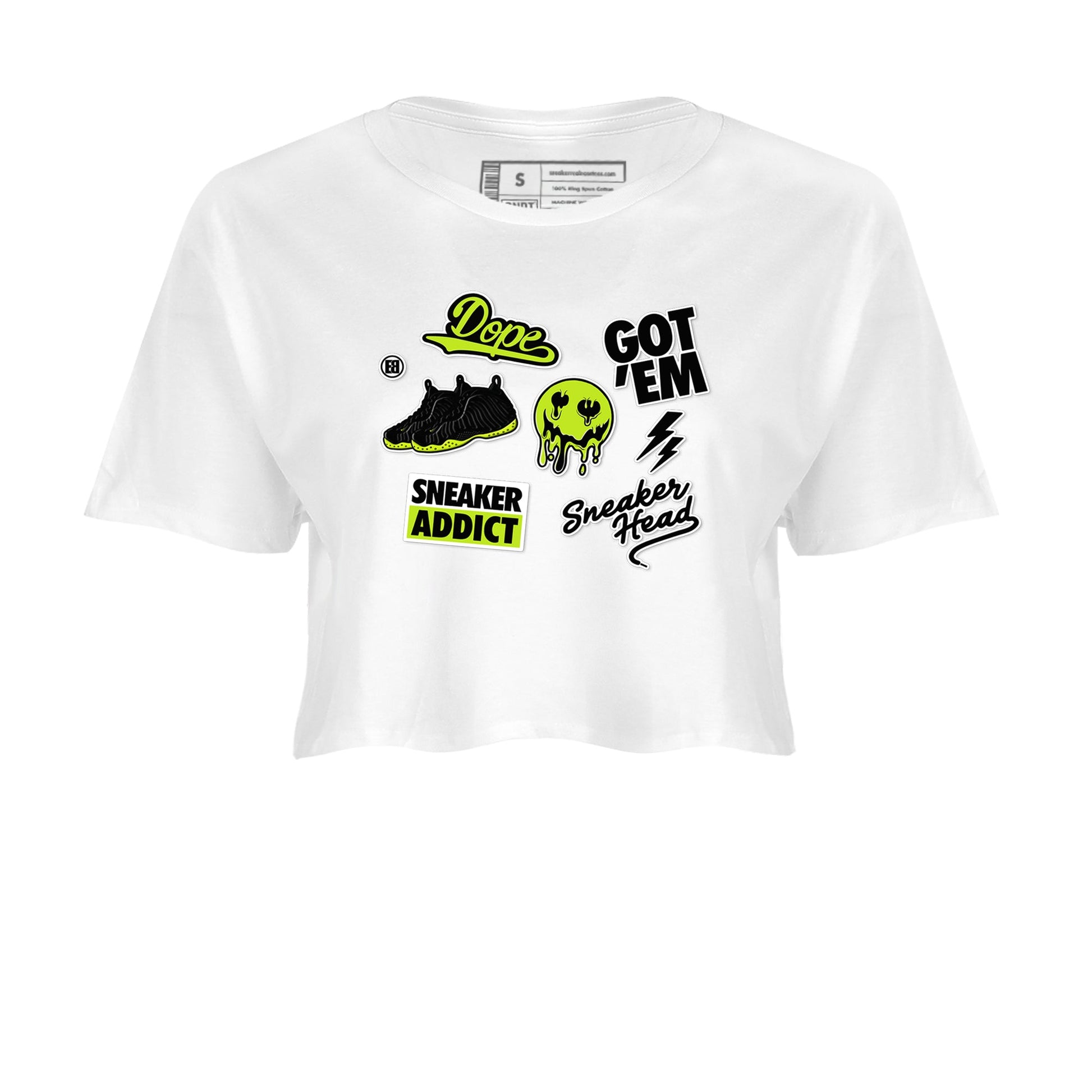 Foams One Black Volt shirts to match jordans Sneakerhead Sticker sneaker match tees Air Foamposite One Black and Volt match shoes to clothes SNRT Sneaker Tees unisex cotton White 2 crop tee