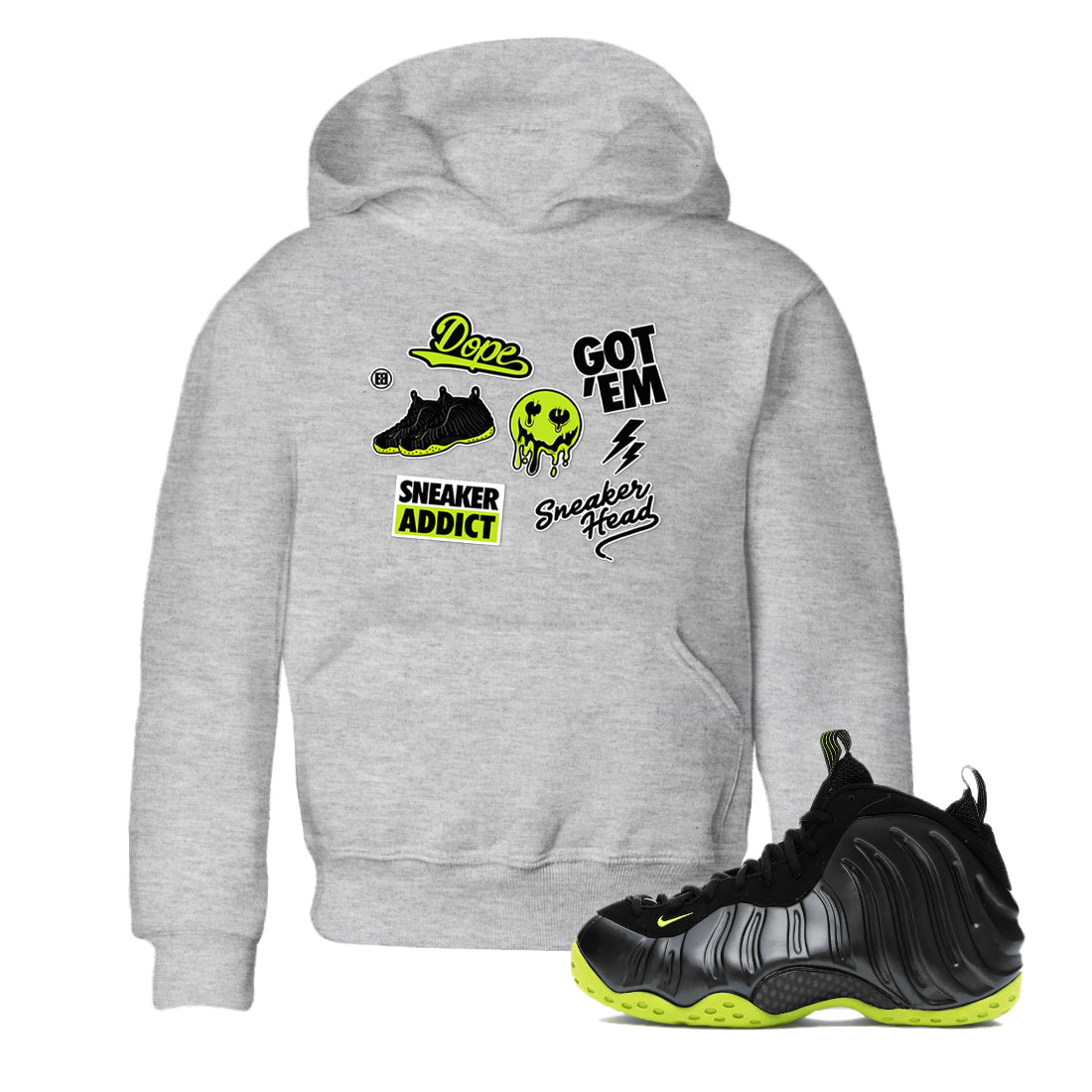 Foams One Black Volt shirts to match jordans Sneakerhead Sticker sneaker match tees Air Foamposite One Black and Volt match shoes to clothes SNRT Sneaker Tees Youth Baby Heather Grey 1 tee