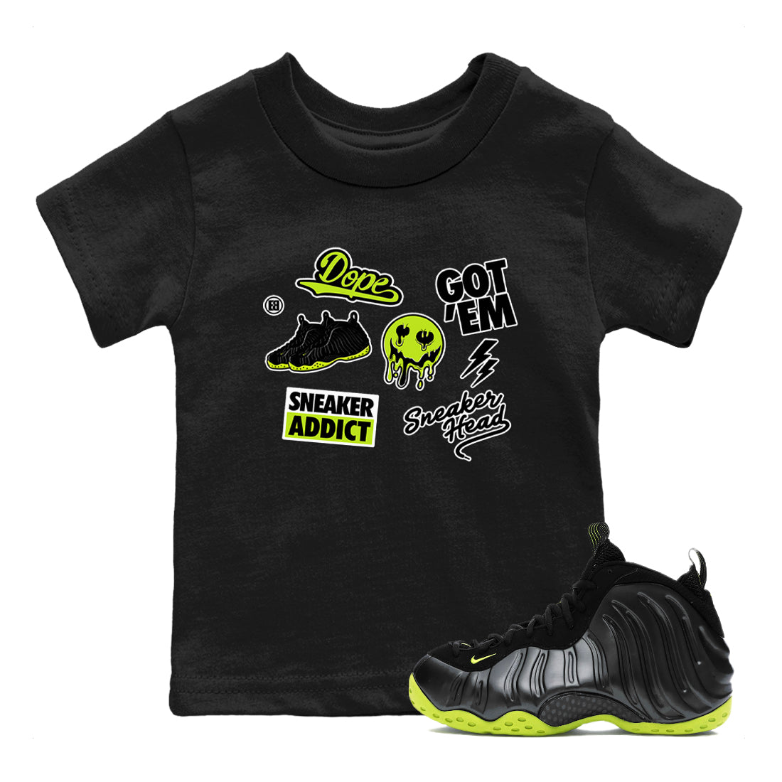 Foams One Black Volt shirts to match jordans Sneakerhead Sticker sneaker match tees Air Foamposite One Black and Volt match shoes to clothes SNRT Sneaker Tees Youth Baby Black 1 tee