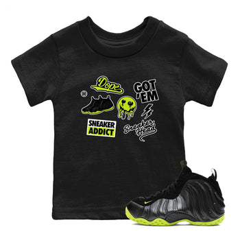 Foams One Black Volt shirts to match jordans Sneakerhead Sticker sneaker match tees Air Foamposite One Black and Volt match shoes to clothes SNRT Sneaker Tees Youth Baby Black 1 tee
