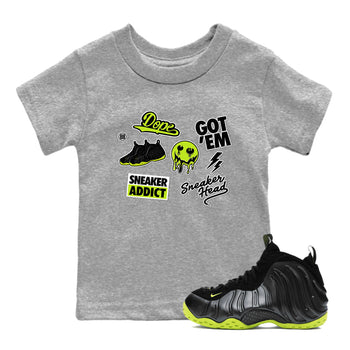 Foams One Black Volt shirts to match jordans Sneakerhead Sticker sneaker match tees Air Foamposite One Black and Volt match shoes to clothes SNRT Sneaker Tees Youth Baby Heather Grey 1 tee