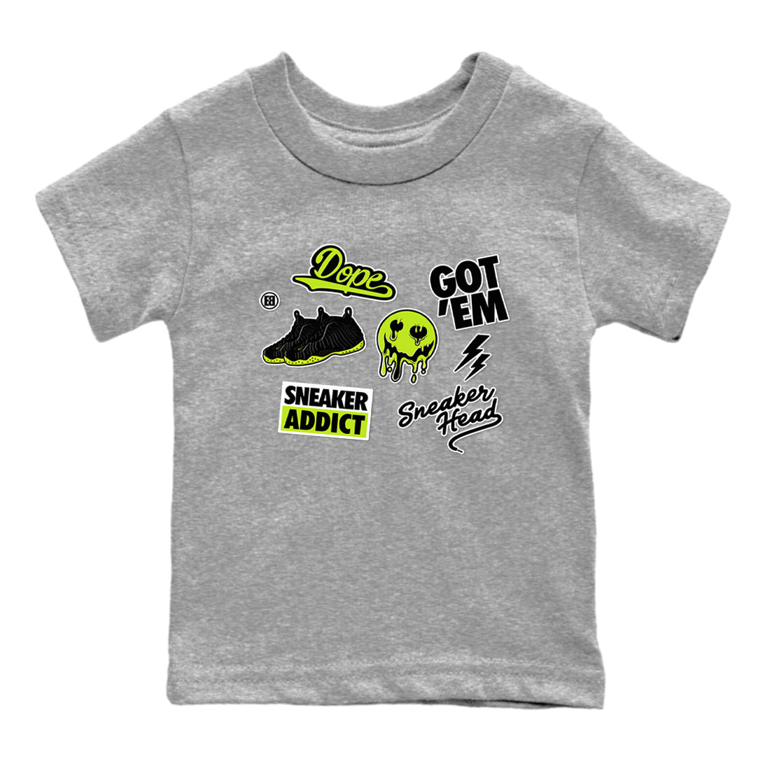 Foams One Black Volt shirts to match jordans Sneakerhead Sticker sneaker match tees Air Foamposite One Black and Volt match shoes to clothes SNRT Sneaker Tees Youth Baby Heather Grey 2 tee